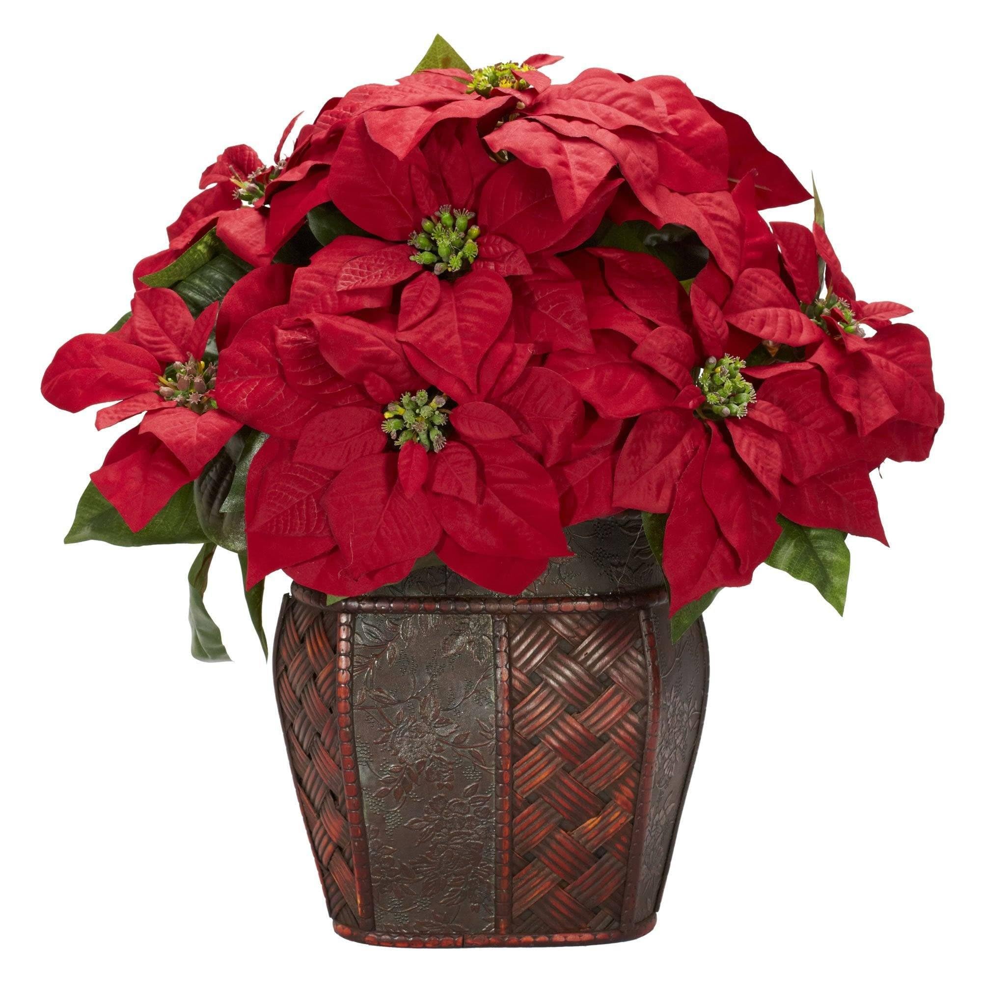 Poinsettia avec vase soie rouge Nearly Natural plante artificielle fleur de Noël