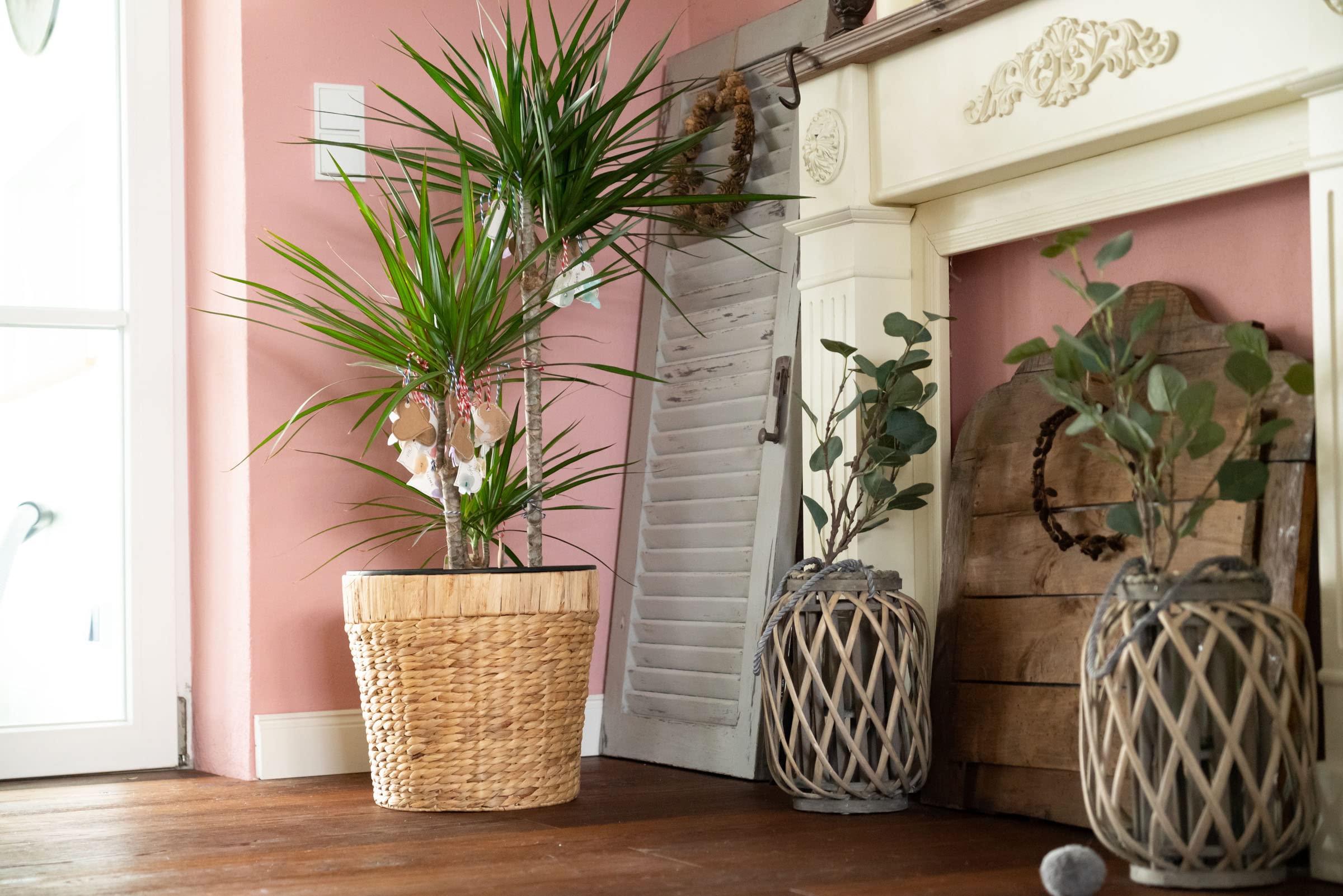 Decorasian - Set di 2 vasi da fiori rotondi intrecciati in zostera con inserto in plastica, per piantare direttamente le piante, 34 cm