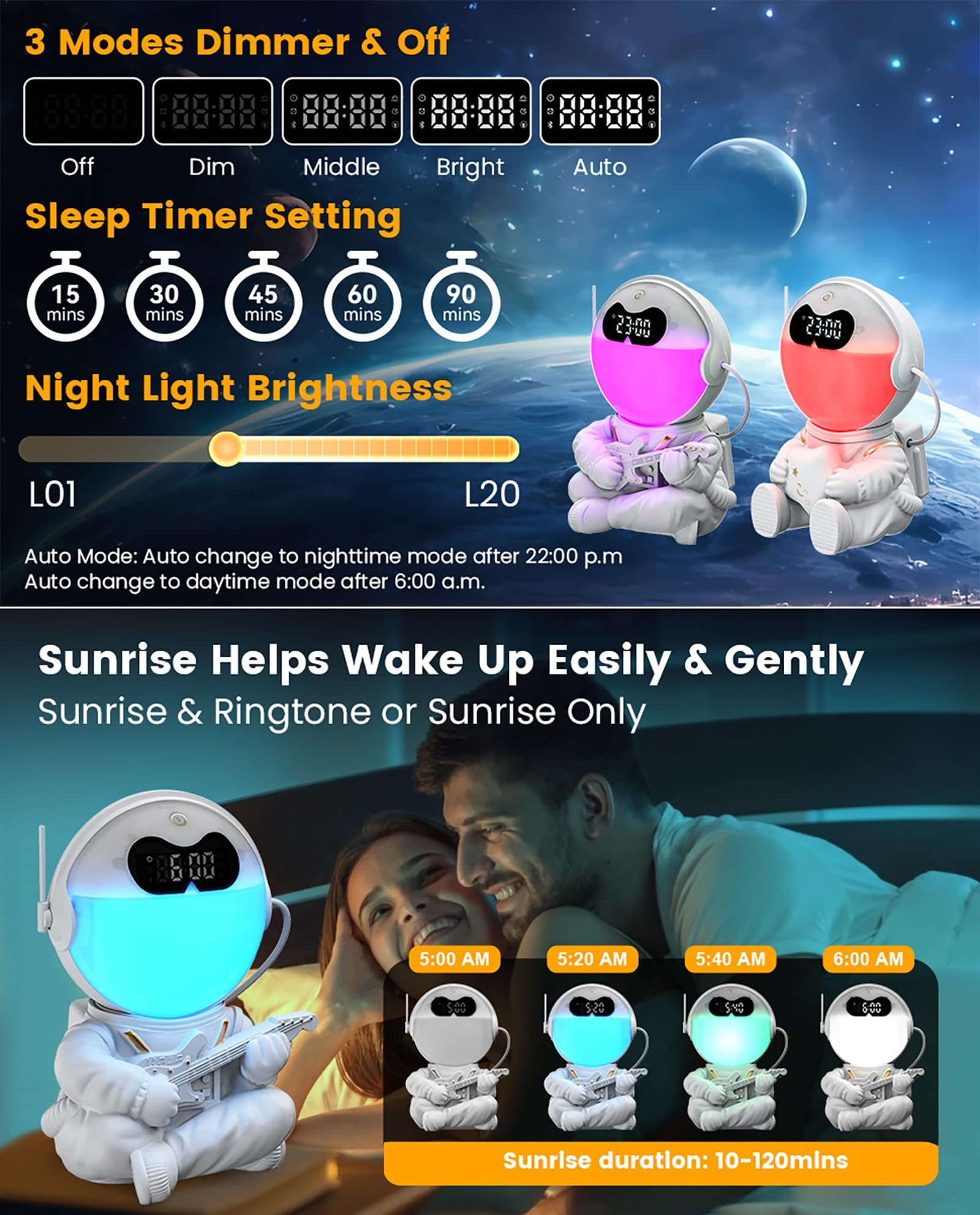 Astronaut Sunrise Wecker mit Bluetooth-Lautsprecher, Wecklicht für Das Schlafzimmer, Schlafhilfe-Nachtlicht & Dekoration, 10 Sounds & 7 Weiße Geräusche(A)