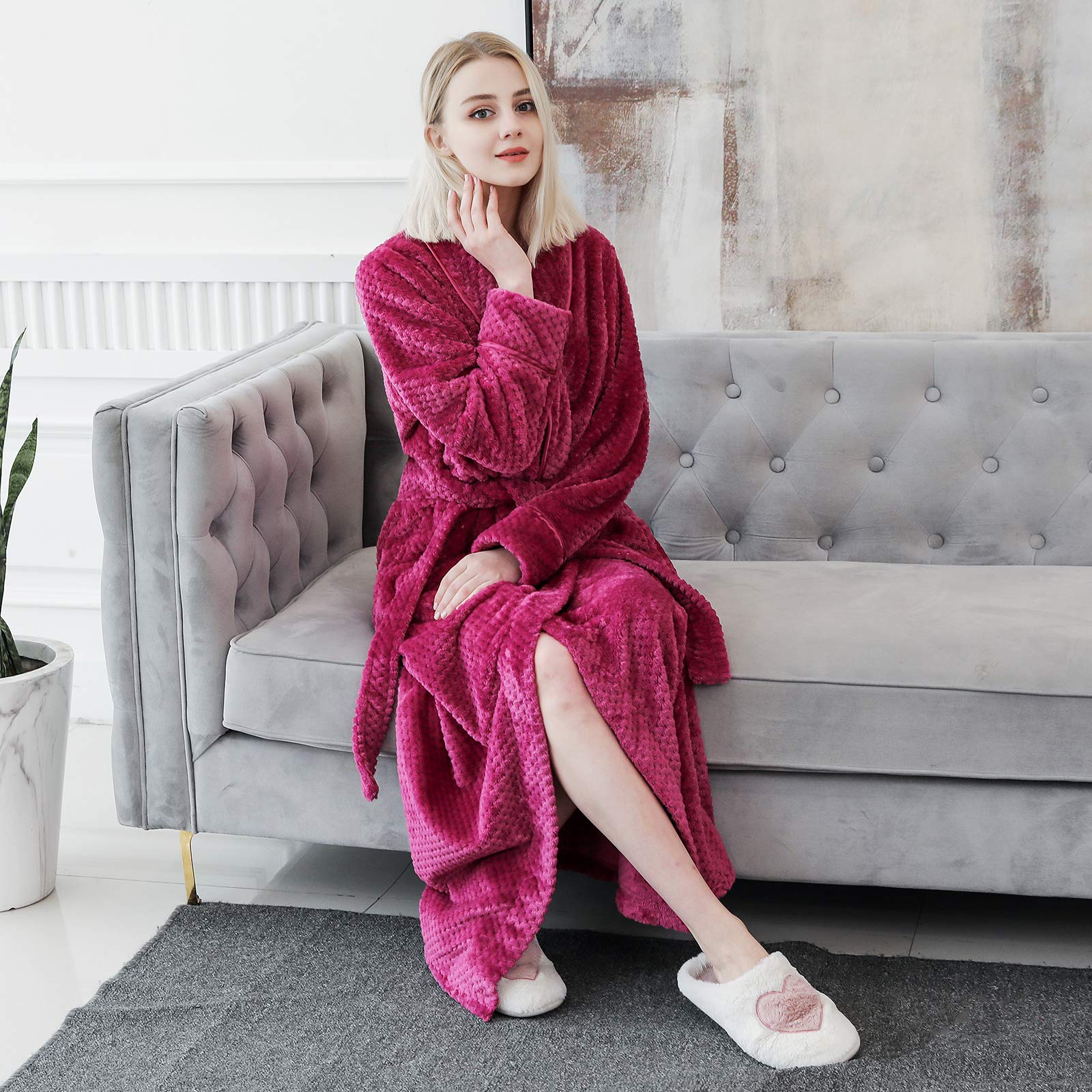 ANUFER Unisexe Femmes Hommes Épaisse Flanelle Robe de Chambre Col Châle Chaude Longue Hiver Peignoir de Bain