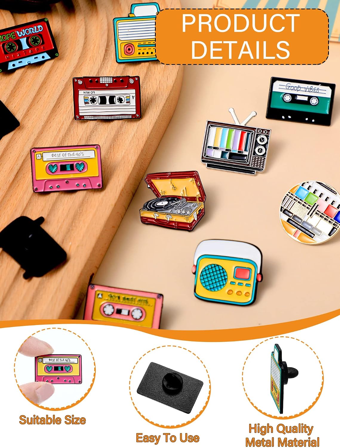 XunYee 12 Pcs 90s Vintage Backpack Pins Enamel Pins for Men Women Jackets Shirts Hat 70s Retro Radio Record Brooches(Music Backpack)
