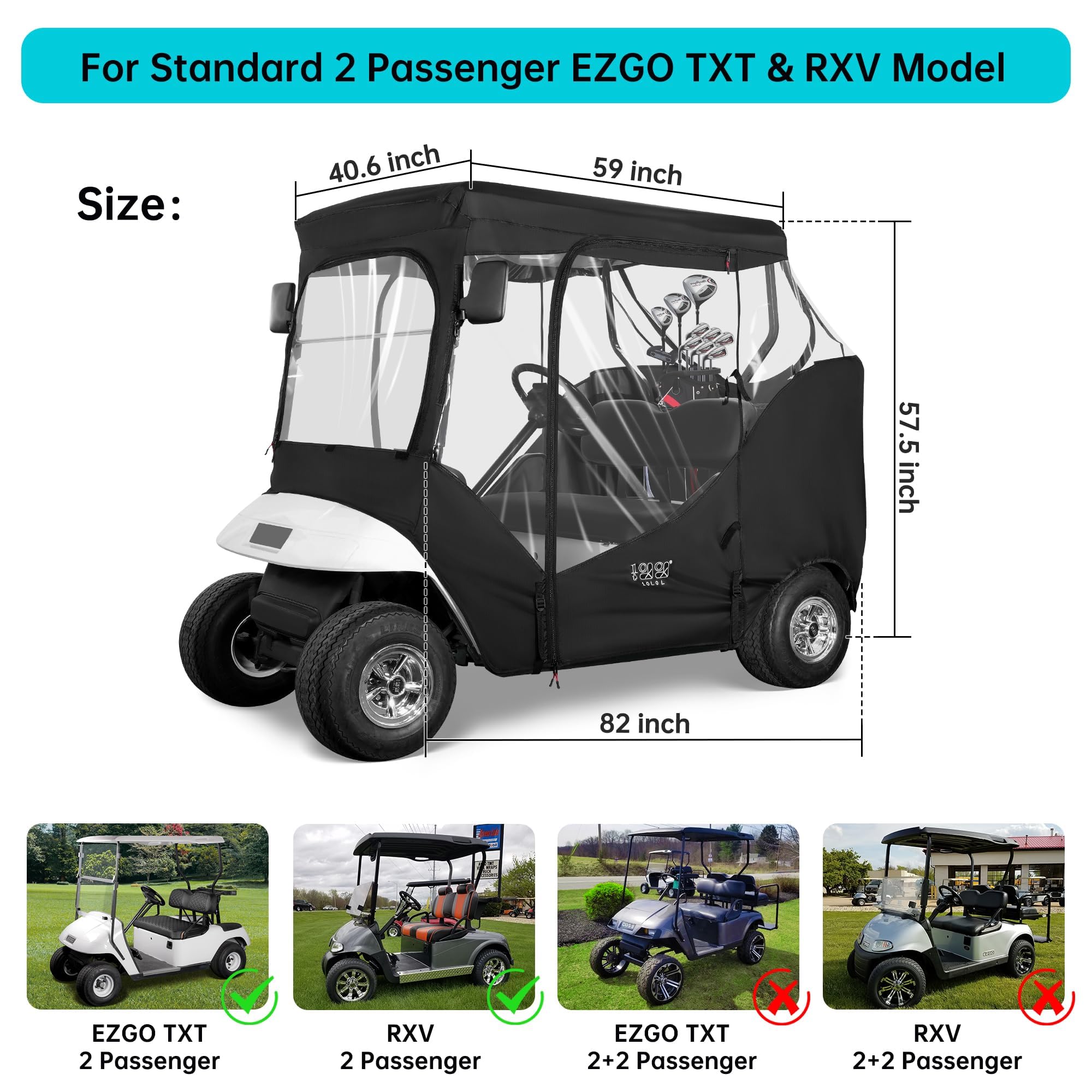 10L0L 2 Passagier Golfwagen Gehäuse Abdeckung für EZGO TXT RXV Golf Cart, 4-seitiges klares Fenster wasserdichte Golfwagen Fahren Regen Abdeckung, Schwarz