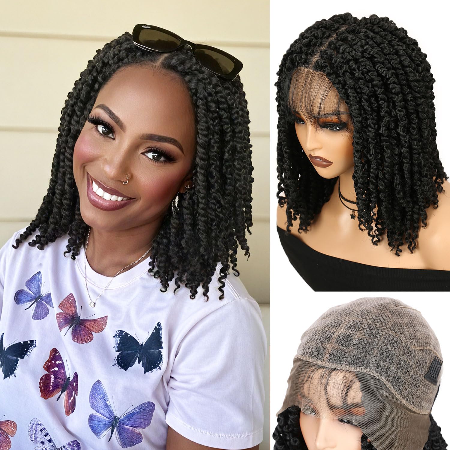 Fancy Hair Double Full Lace Knotless Braided Wig Lightweight Short Passion Twist Wig with Baby Hair for Black Women (Natural Black)