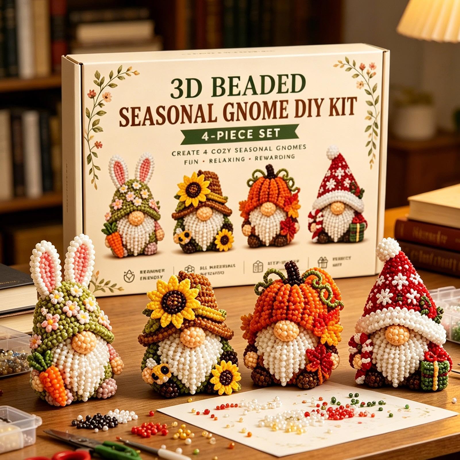 3D Beaded Gnome DIY Kit, Cute Animals Gnome Bead Embroidery Kit, Handmade DIY Gnomes Beading Set with Instructions, Creative 3D Beaded Animals Embroidery Art Craft Kits, for Adults Teens Beginners