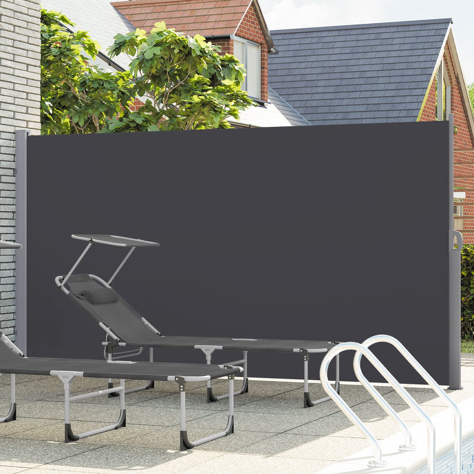 LARMNEE Seitenmarkise mit Stahl-Kasten, ausziehbar, 180 x 450 cm, Rostbeständig, Windschutz, Sonnenschutz, Seitenrollo, Blickdicht, für Balkon, Terrasse, Garten, Anthrazit EBK1845TBP02