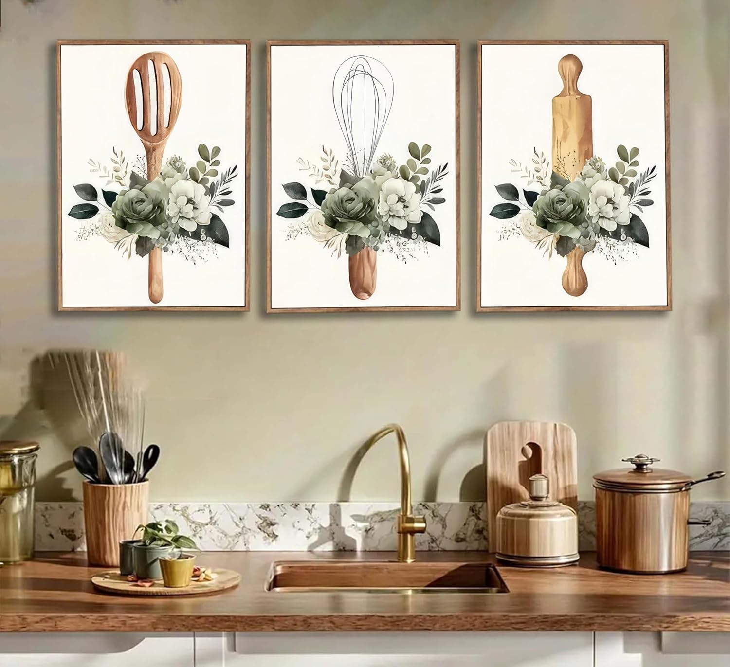 3 Pcs Framed Sage Green Farmhouse Kitchen Canvas Wall Art Minimalist Dining Room plant Flowers Painting Pictures Wall Decor Poster Print Artwork For Dining Room kitchen Home Decoration