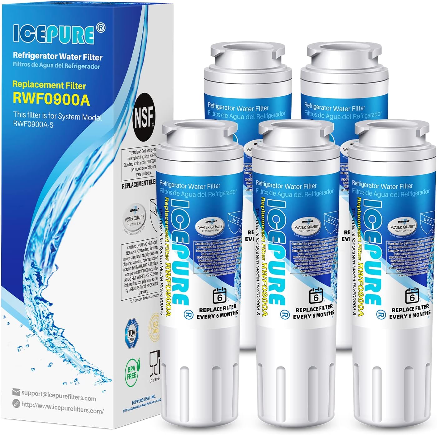 ICEPURE UKF8001 Replacement Refrigerator Water Filter For Maytag UKF8001, UKF8001AXX, Whirlpool 4396395, EDR4RXD1, 469006, EveryDrop Filter 4, RWF0900A, 5PACK