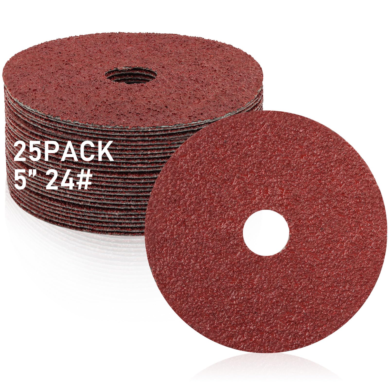 ZORUNNA 25 discos de lijado de 5 pulgadas para amoladora angular, disco de lijado de fibra de resina de óxido de aluminio de grano 24 con eje de 7/8 pulgadas para moler, mezclar, terminar y pulir.
