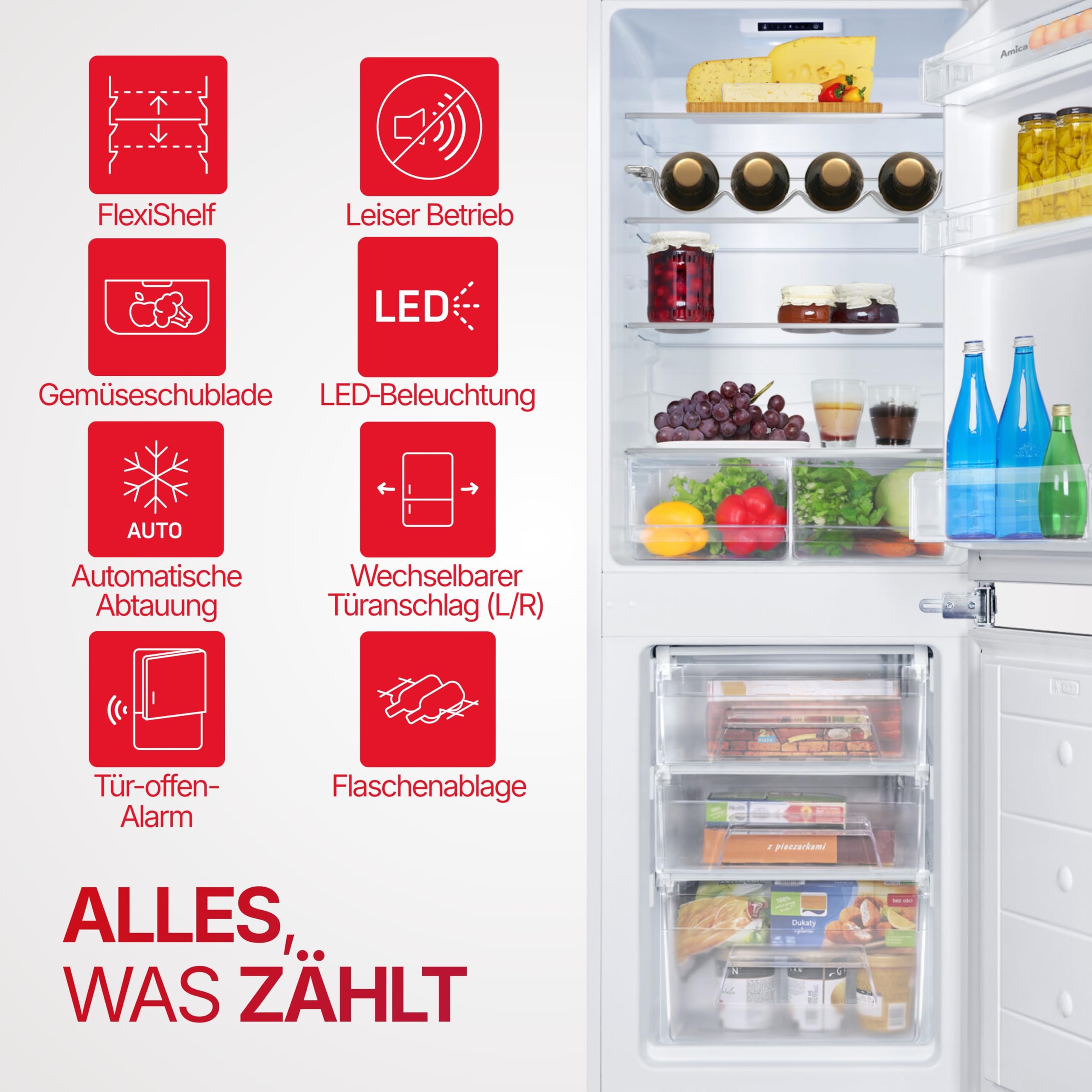 Amica Einbau Kühl Gefrierkombination für 158 cm Nische Schlepptür-Technik Inverter Kompressor elektronische Steuerung Tür-Offen-Alarm