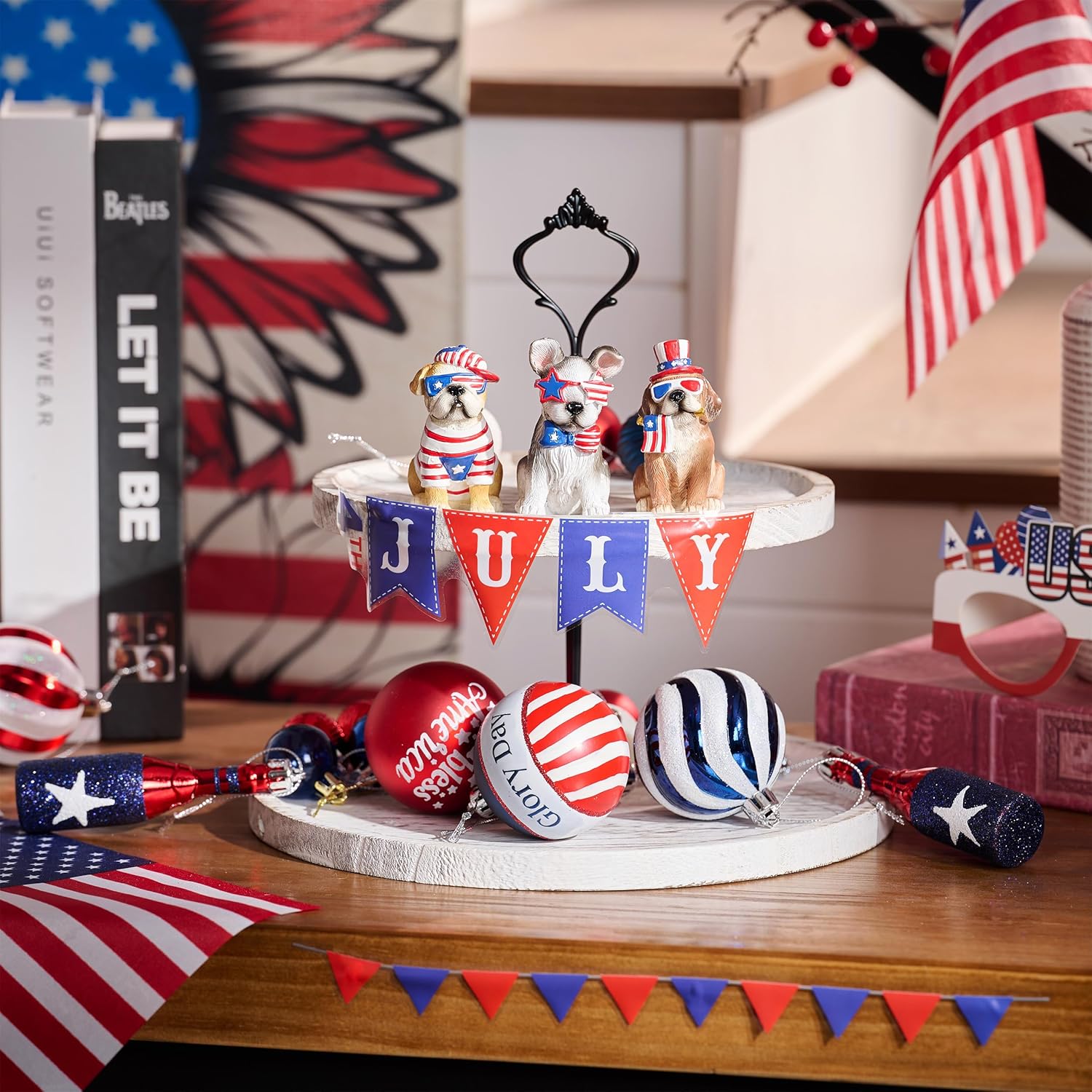 Valery Madelyn 4th of July Puppy Decorations, Memorial Day Decor for Home, Medium 3Pcs Patriotic USA 250th Anniversary Decorations, Stars and Stripes Dogs Figurine for Independence Day Labor Day
