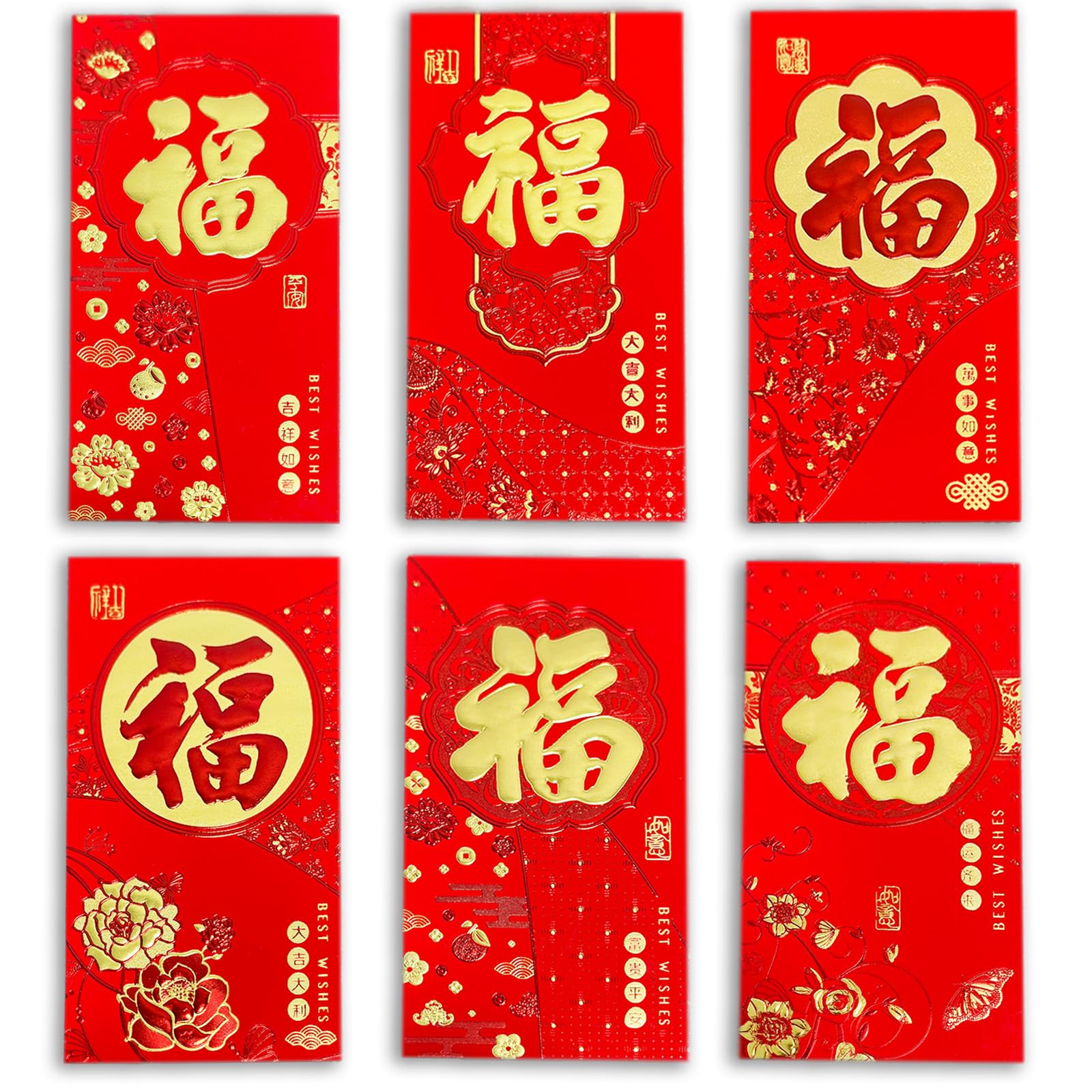 36Pcs Chinese New Year Red Envelopes, Lunar New Year of The Horse Envelopes 2026 with 6 Gold Embossed Fu Designs, Red Envelope Packets Hong Bao for Spring Festival Birthday Wedding, Large