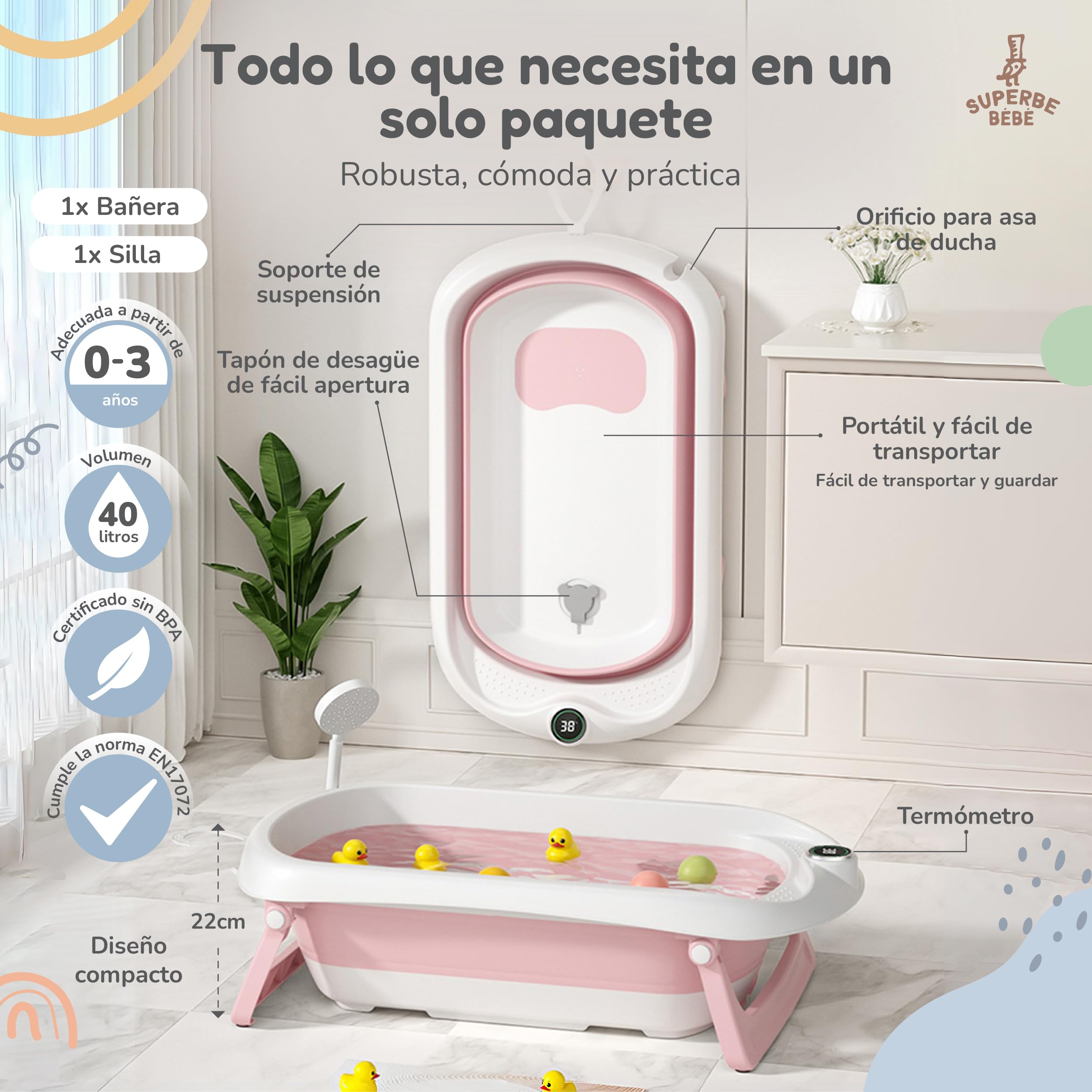 Bañera Plegable Bebé Con Asiento De Baño Antideslizante - bañera Bebe Plegable Con Termómetro - Asiento Bañera Bebe - Silla - Desde El Nacimiento Hasta Los 3 Años - Regalos De Nacimiento (ROSA)
