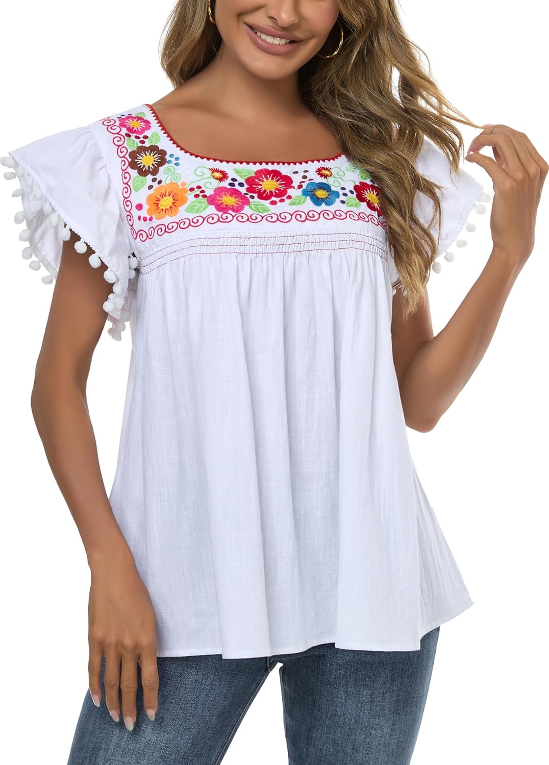 YZXDORWJ Embroidered Mexican Top for Women Peasant Blouse Mexico Summer Shirt Short Sleeve - Image 2