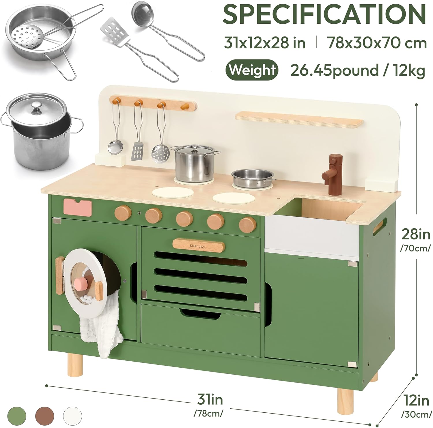 Wooden Play Kitchen & Laundry Center for Kids, 2-in-1 Pretend Play Toys with Sink & Oven, Play Kitchen Set for Toddlers Ages 3-6, Gift for Boys & Girls (Green)