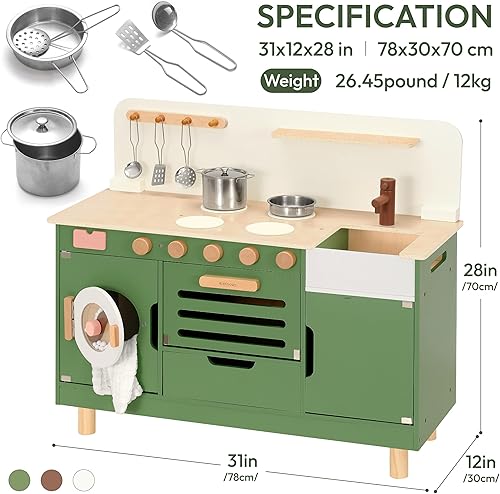 Miniatura 8 de Juego de cocina de madera para niños, juguete de simulación con fregadero, horno y almacenamiento, cocina y centro de lavandería 2 en 1, juguetes de