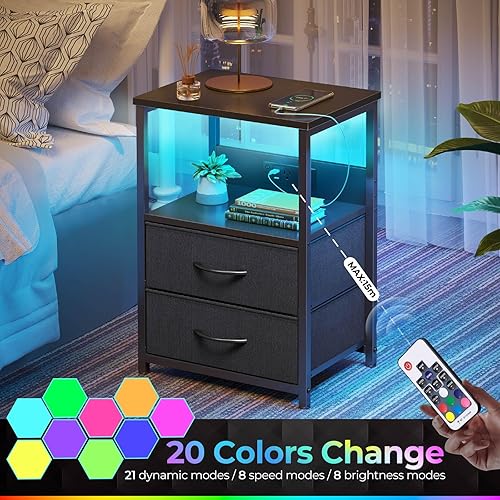 Miniatura 4 de Seventable Mesita de noche con estación de carga, mesita de noche con luces LED, mesita de noche con 2 cajones de tela, mesa auxiliar de