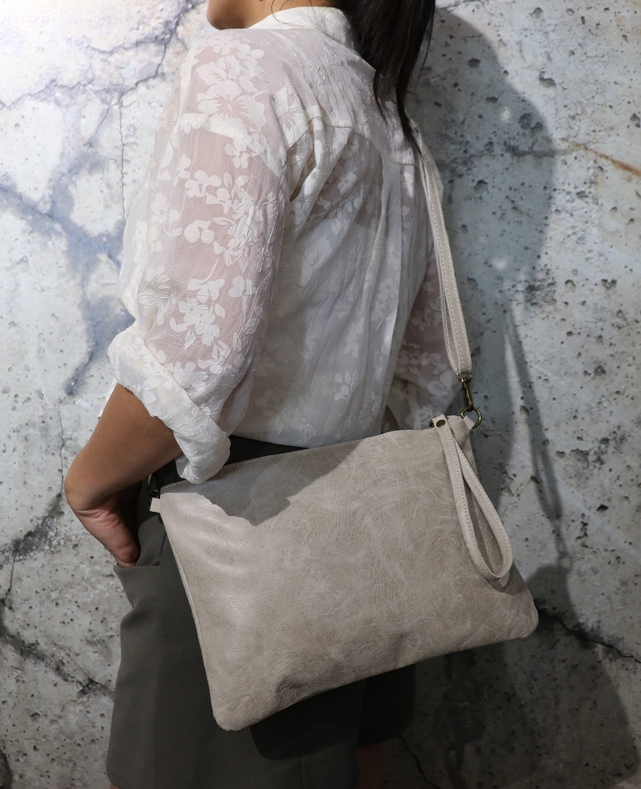SH Leder Clara G396 - Borsa a tracolla in vera pelle, stile vintage, misura media, 33 x 22 cm