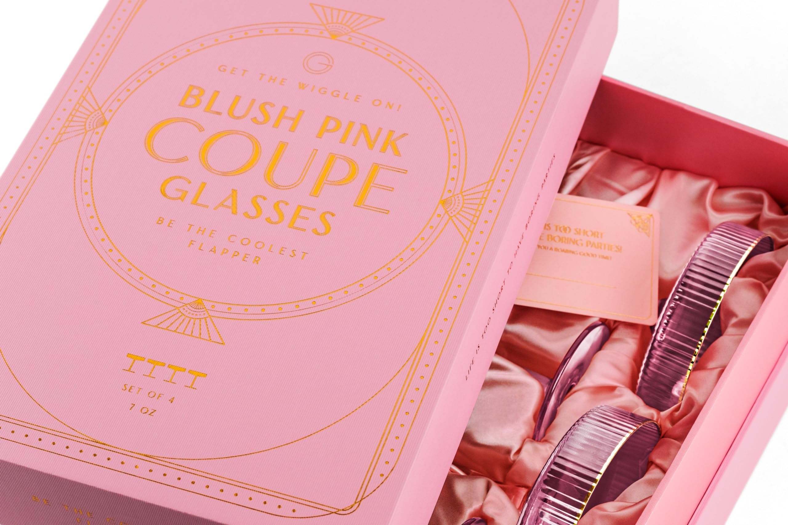 GLASSIQUE CADEAU Vintage Art Deco Blush Pink Coupe Glasses with Gold Rims | Set of 4 | 7 oz Crystal Ribbed Cocktail Glassware for Drinking Champagne, Martini, Cosmopolitan | Girly Speakeasy Saucers