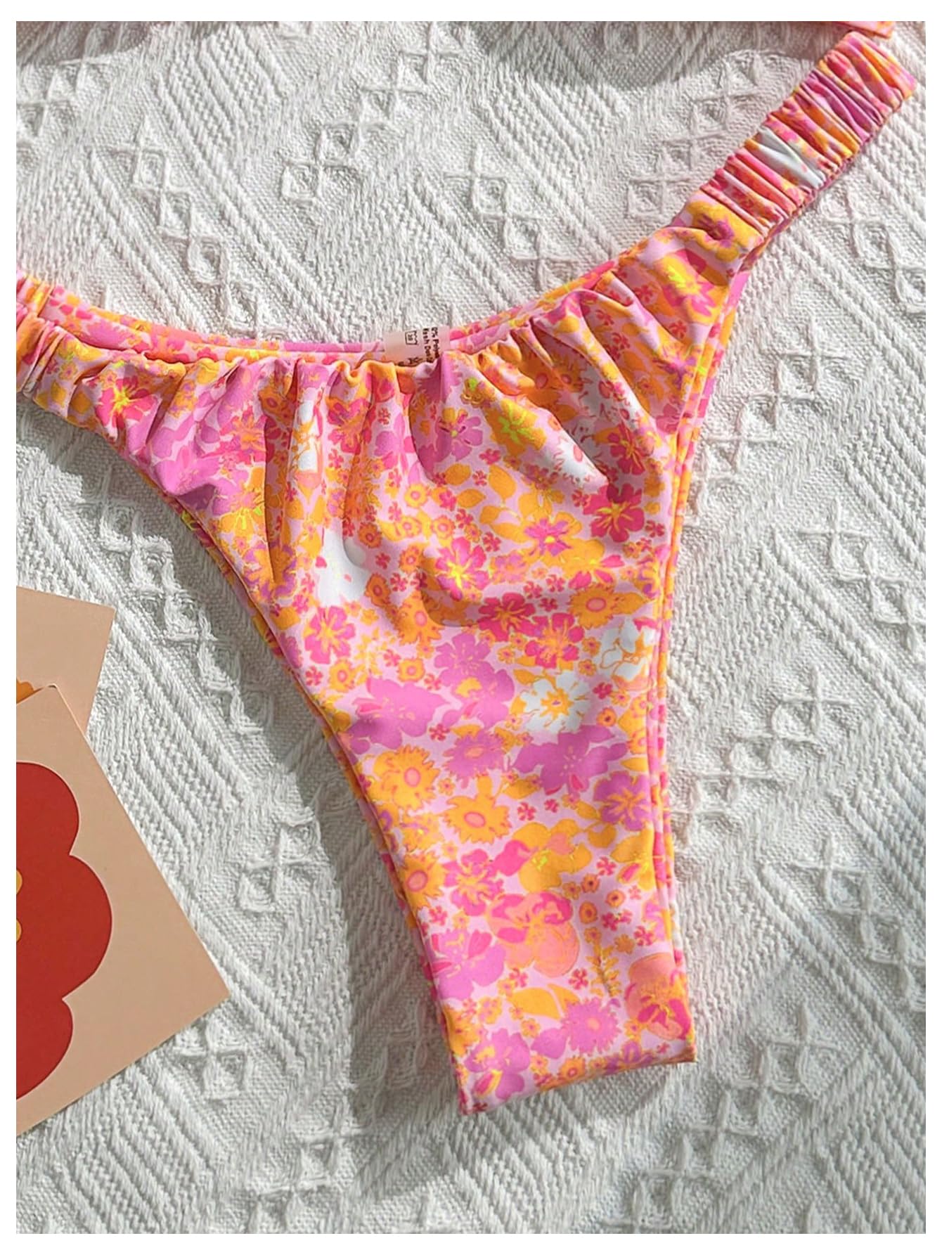 Dwuczęściowy Strój Kąpielowy Dla Kobiet Kwiatowy Stringi Zestaw Bikini Marszczony O Wysokim Kroju Różowy Średni
