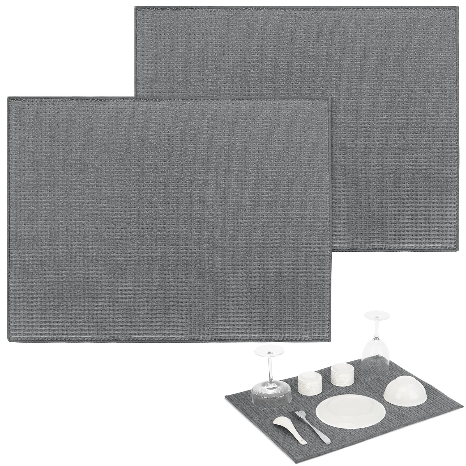 Dish Drying Mat 2 Pack, Microfiber Quick-Drying Drying Mat for Kitchen Counter, Dish Sink Drainer Mats, 51 x 38 cm, Machine Washable (Grey)