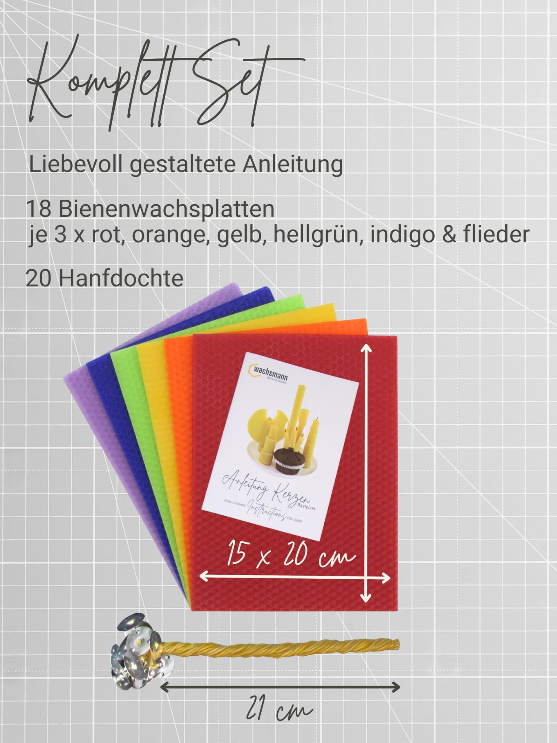 Wachsmann Kerzen Bastelset „Rainbow“, 100% Bienenwachs aus Deutschland – 18 farbige Wachsplatten (20 x 15 cm) mit Hanfdochten – Kerzen selber machen Set für Kinder & Erwachsene, DIY Bienenwachskerzen