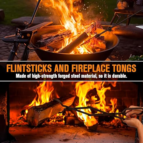 Miniatura 3 de Portador de leña + póker de fuego + pinzas para chimenea, herramientas para hoguera para uso en interiores y exteriores, soporte de troncos para