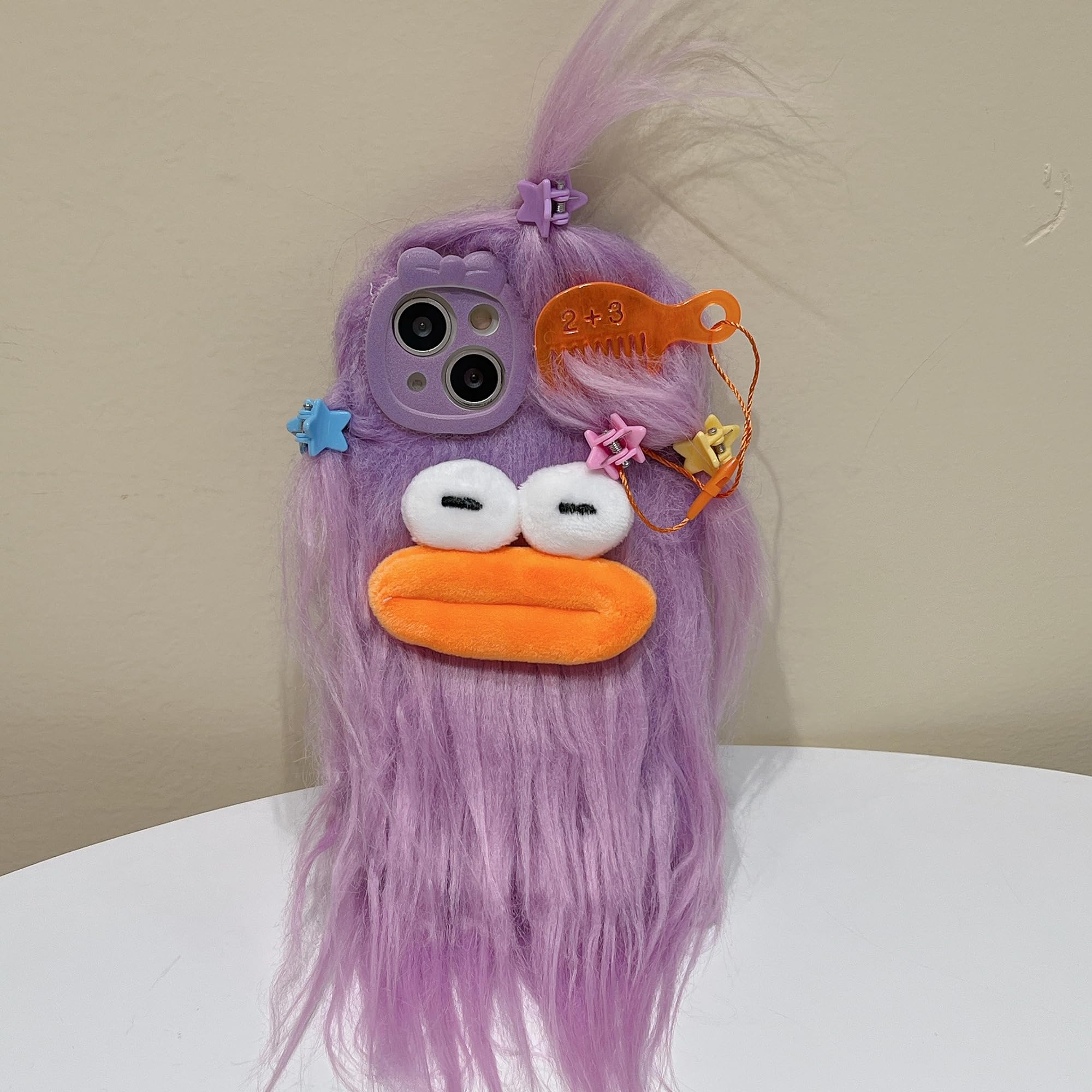 Aeilene Purple Furry Phone Case for iPhone 14 Pro, Cute DIY Long Hair Funny Thick Mouth Warm Plush Cases, 3D Cartoon Fuzzy Winter Protective Cover for