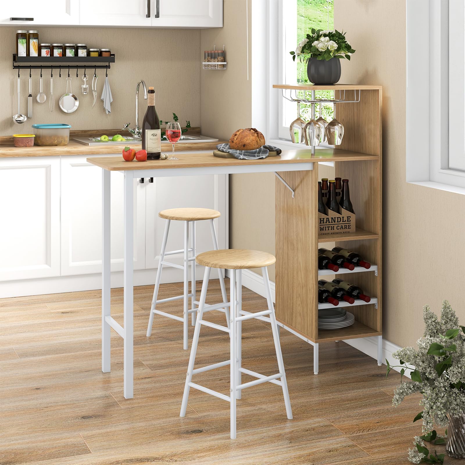 COSTWAY Table Haute Cuisine avec Tabouret, Mange Debout Industriel avec Porte-Verre Porte-Bouteilles, Table Bar avec Tabouret 2 Personnes Compact pour Cuisine Salle à Manger Salon Bistro