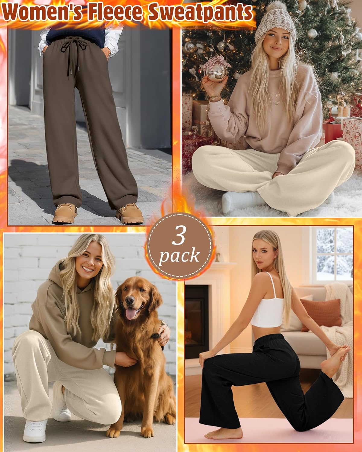 3 Pack Women's Wide Leg Fleece Lined Sweatpants Thermal Lounge Warm Pants Drawstring Elastic Waisted with Pockets - Image 5