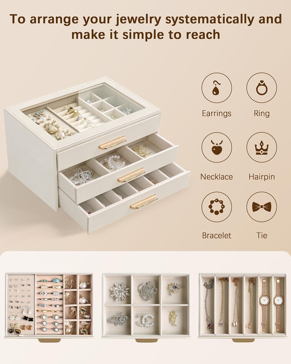 Homeanda Jewelry Boxes Organizer with Glass Lid, 3-Layer PU Leather, Beige