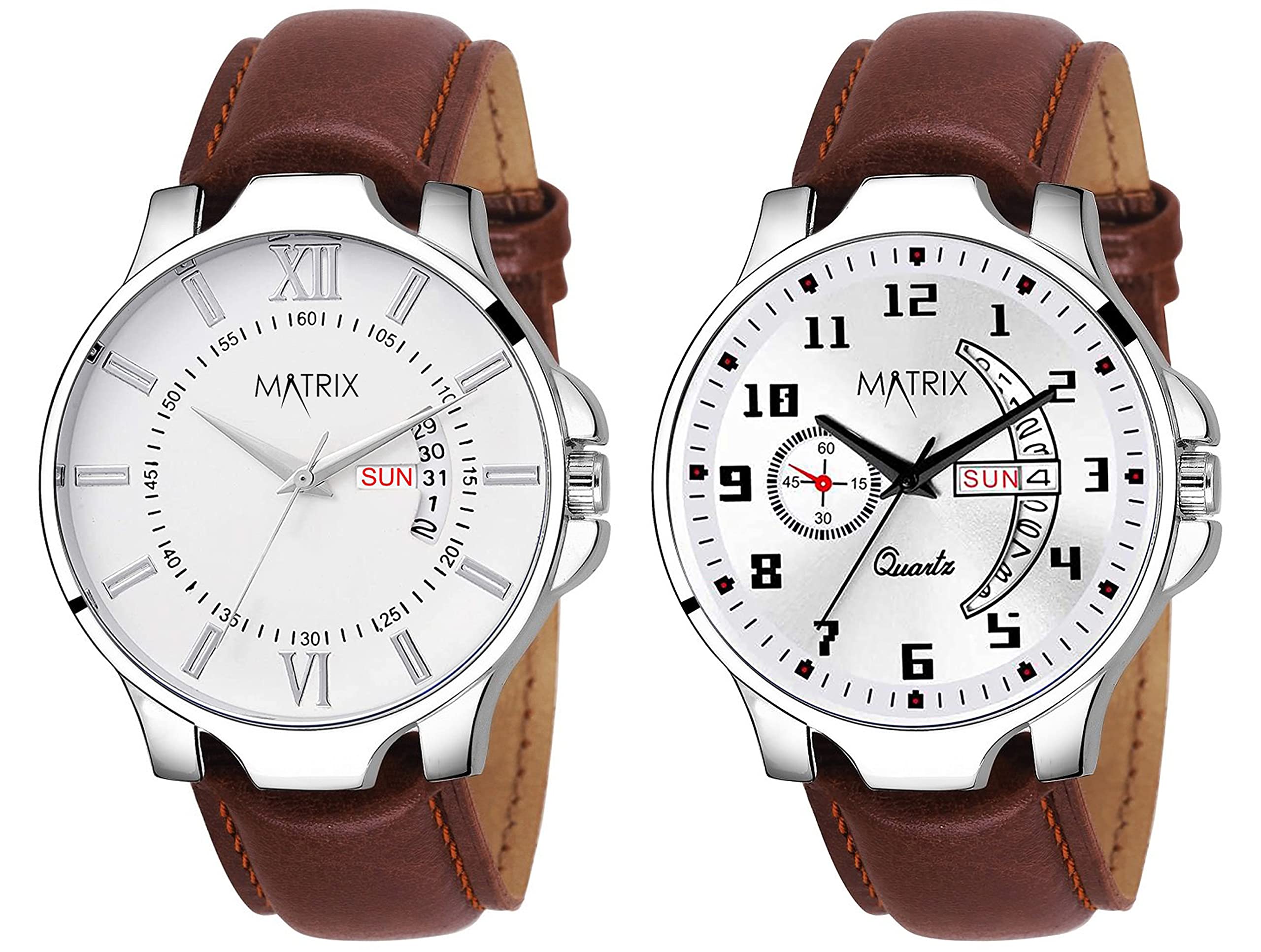 Matrix Silicone Boy "Doublet Brown & White Day & Date Leather Analogue Watch Pair Set (Pack Of 2 Different Watch) (Pr-84Wh-Lth) (B0B1B2BT3L) Amazon Price History, Amazon Price Tracker
