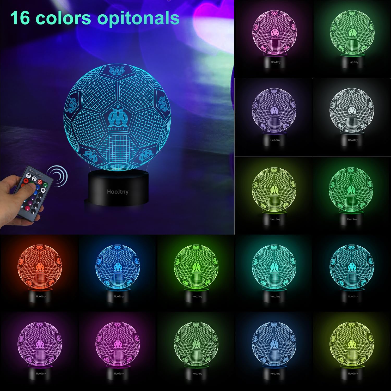 HooJtny Veilleuse Marseille Enfant, Lampe Football Olympique de Marseille, Lampe 3D LED, 16 Couleurs USB Rechargeable, Cadeaux Enfant Garçon Anniversaire Noël – Image 3