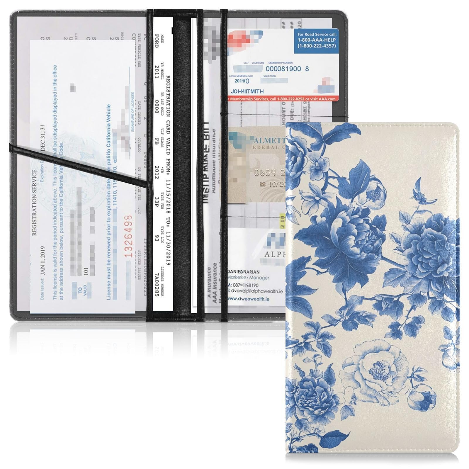 CEBUGI Blue White Floral Car Registration and Insurance Holder Glove Box Organizers Wallet Case for Documents Organizer,4.92