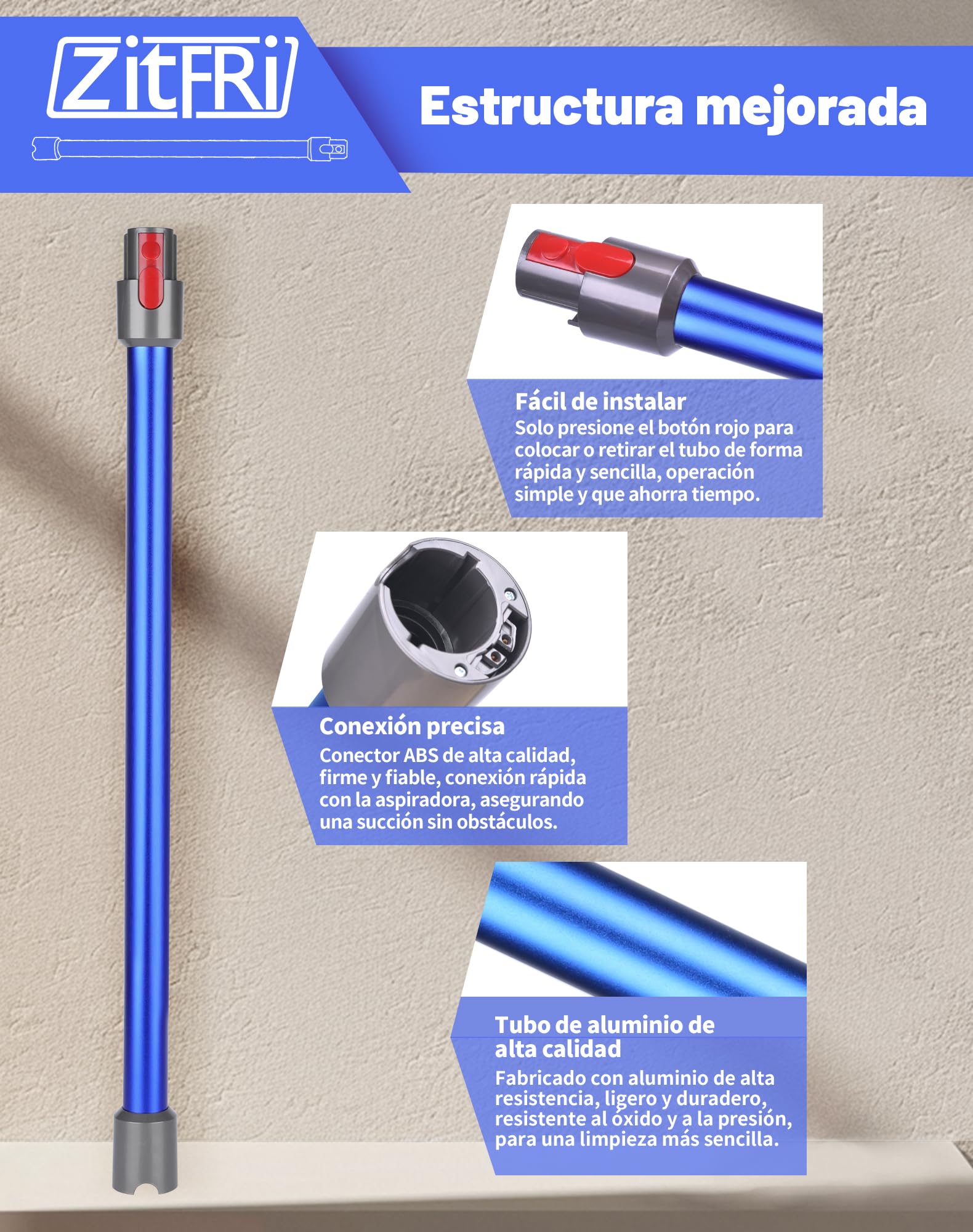 Tubo de Extensión Rígido Compatible con Dyson V11 V15 V10 V8 V7, Varilla de Aluminio con Conexión de Liberación Rápida, 72 cm - Azul