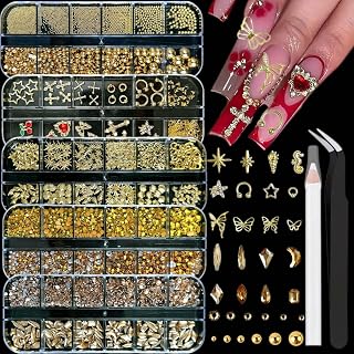 Gold Nail Charms and Gems Set, 5 Boxes Nail Art Charms Gems Crystal for Nails Art Tools, Cute Heart Flatback Rhinestones Pearls for Nail Stars, Gold Caviar Beads for Nails Design DIY Craft