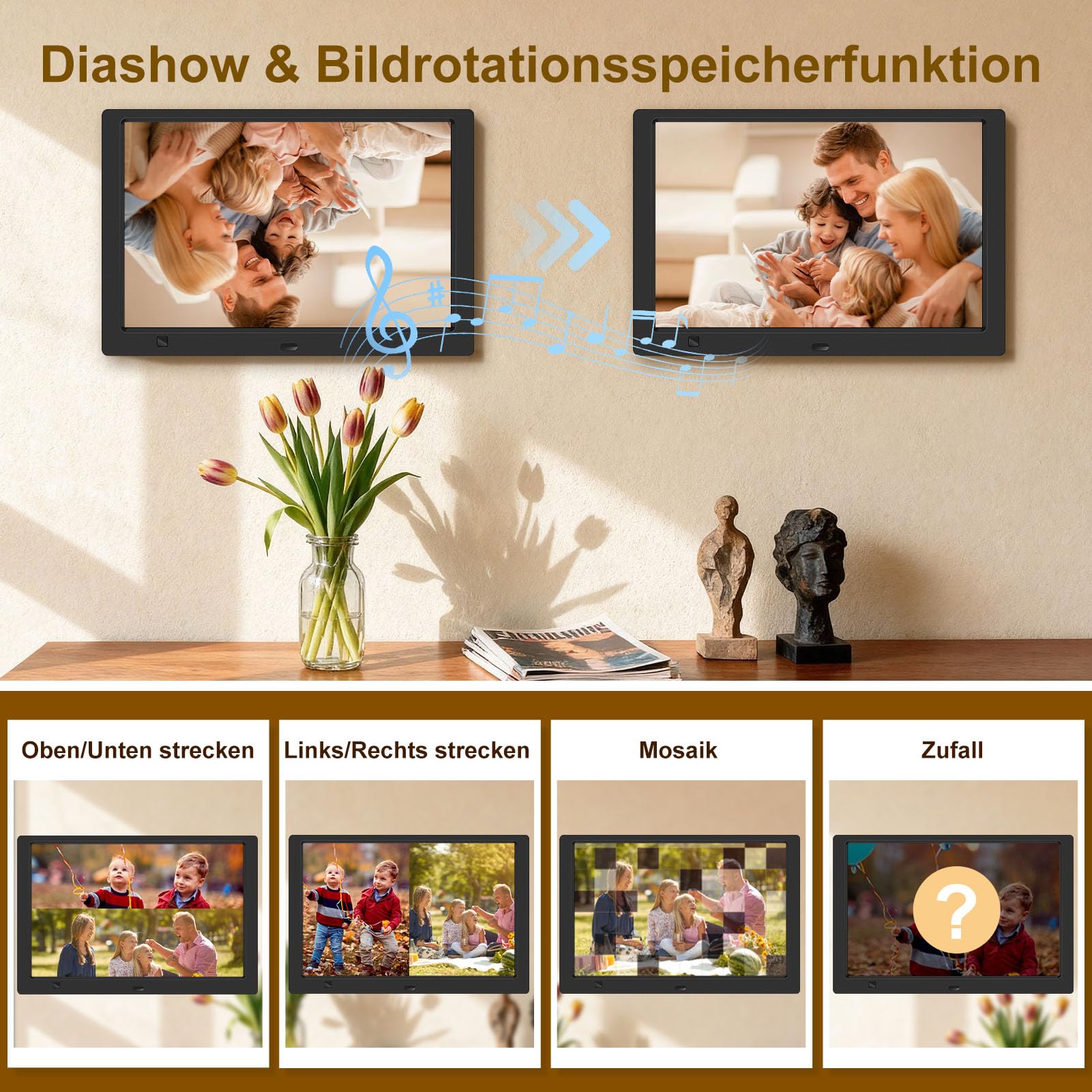 Digitaler Bilderrahmen Elektronischer Fotorahmen ohne WLAN, 10,1 Zoll IPS Bildschirm Photo Frame mit 32GB USB Stick & Bewegungssensor Kalendar/Zeitschaltuhr Foto/Video/Musik-Player Wandmontierbar