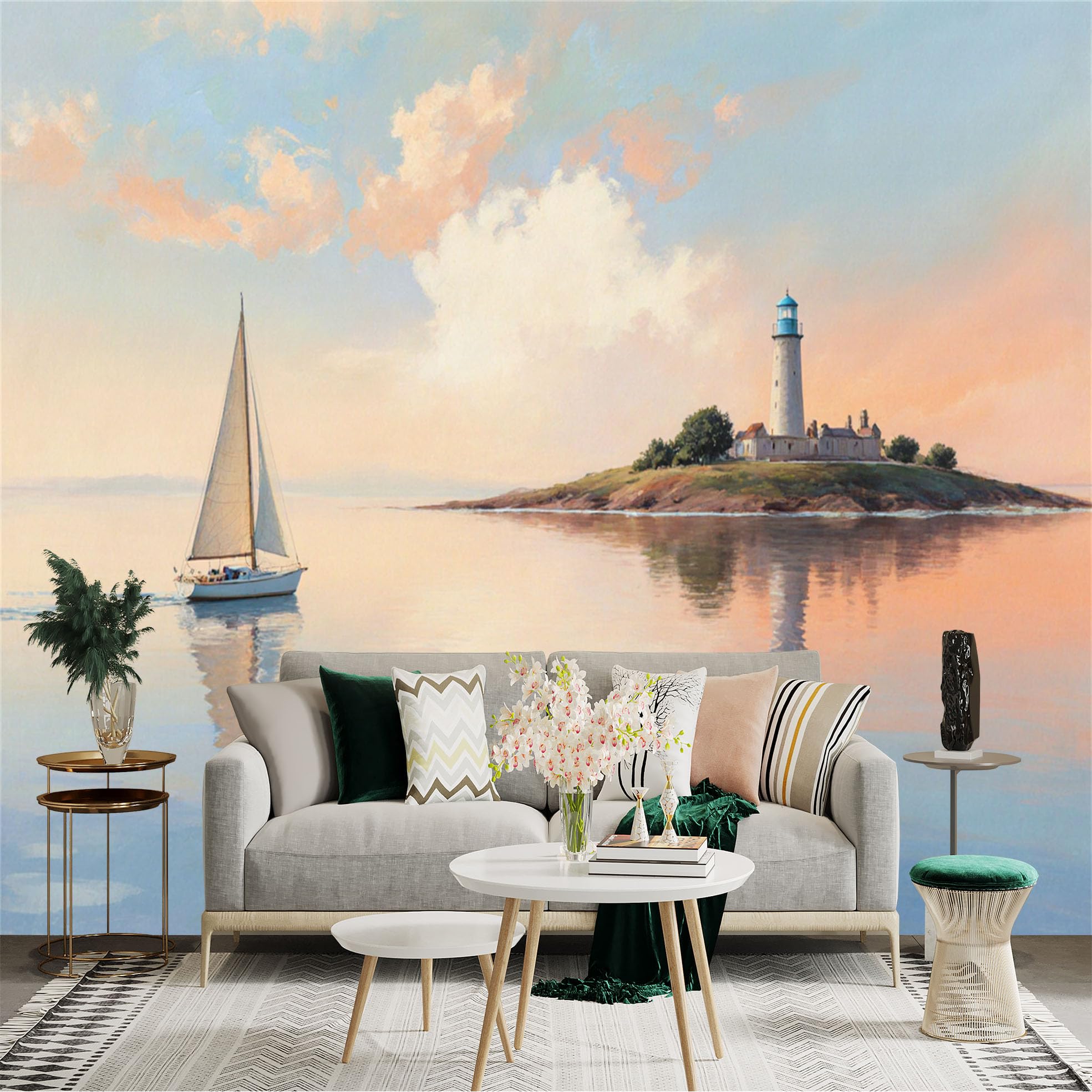 Lnzczhyre Xc260505499 Custom Size Wall Sticker Mural， Sailboat Sailing On Calm Ocean， Lighthouse On Remote Island， Serene Coastal Sunset Landscape， For Wall Decoration， Peelandstick Wall Decals.