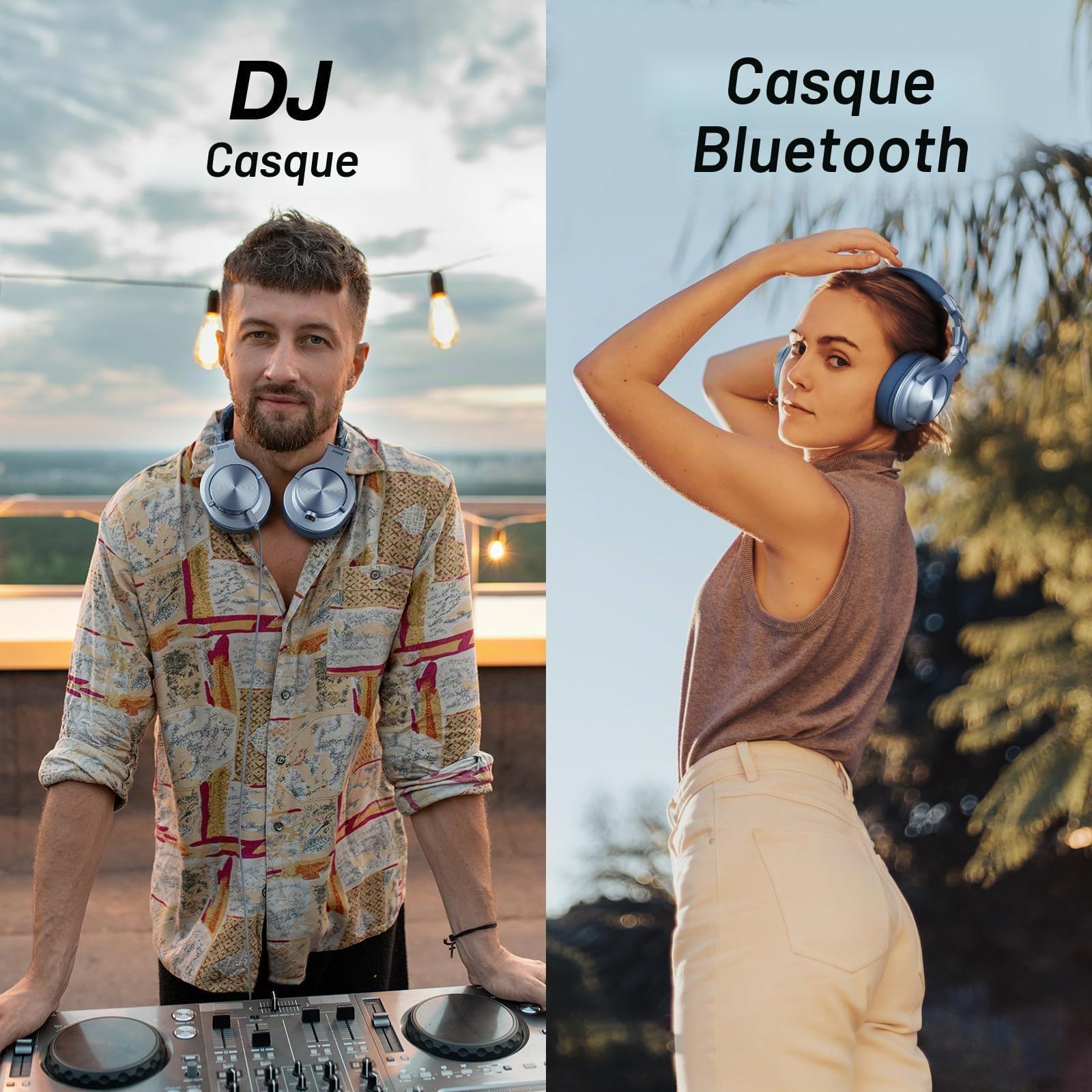 OneOdio A70 Casque Audio Bluetooth Sans Fil 72H, Casque Diadème Fermé avec Port Partagé, Écouteurs avec Câble de 3,5 mm pour DJ, Piano, Guitare, Enregistrement et Surveillance AMP, Bleu Ciel