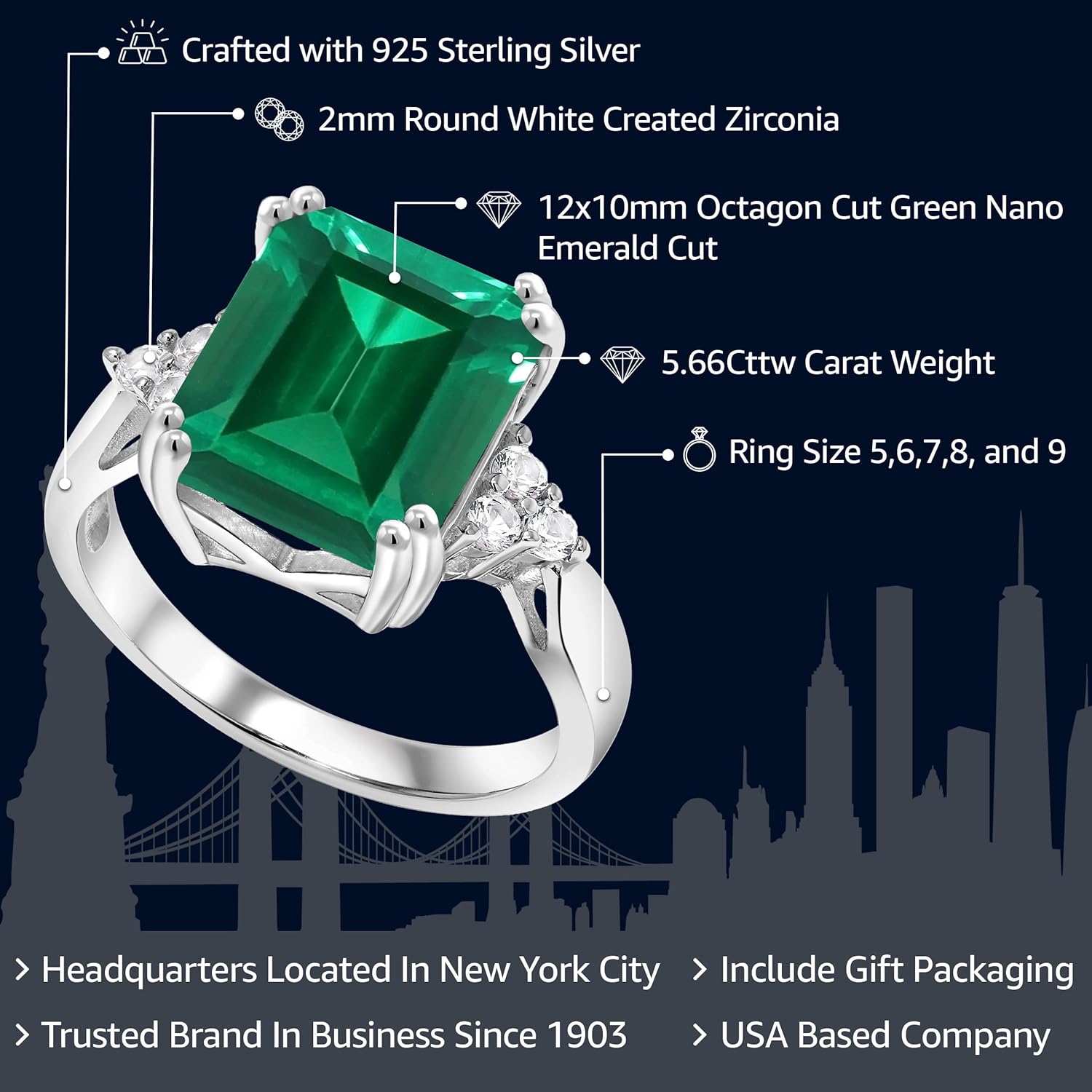 Gem Stone King 5-10 Cttw Gemstone Birthstone Engagement Ring for Women | 925 Sterling Silver | 12X10MM Emerald Cut | Wedding Anniversary Promise Ring | Sizes 5-9 | Nano Emerald-May | 6 - Image 2