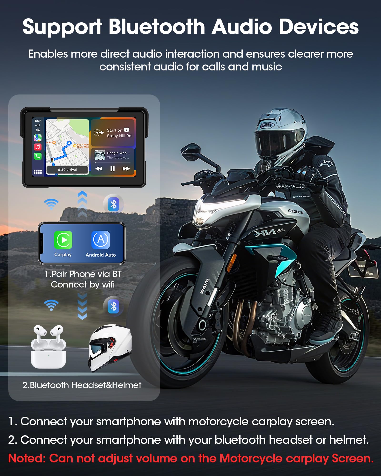 7" Motorrad Carplay Android Auto Dual Bluetooth Navigationsgeräte | Motorrad Display für Motorräder mit Siri, G-oogle Assistent, IP67 Wasserdicht für Pendelnde Fahrt