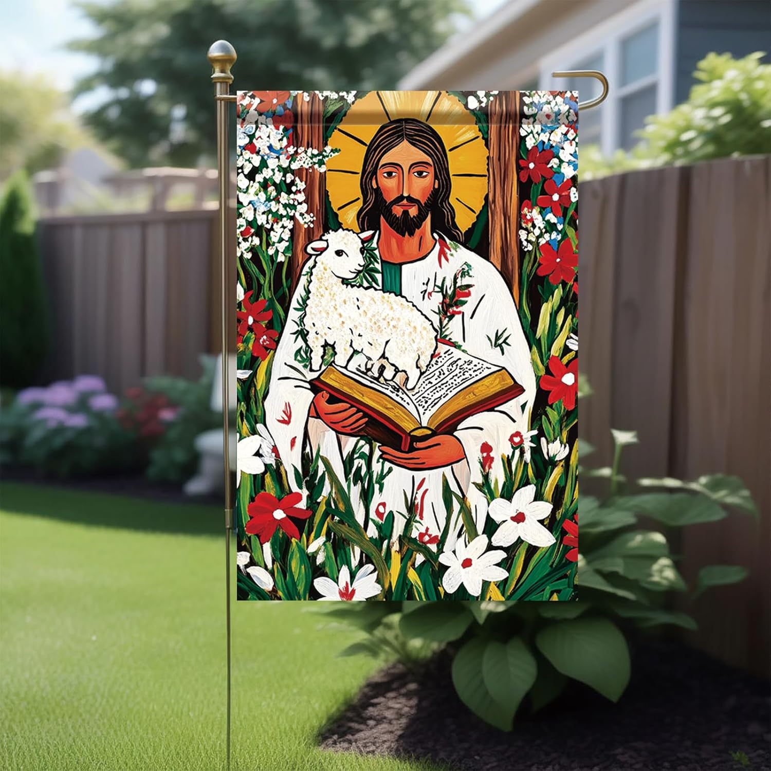 Easter Christian Garden Flag 12x18 Double Sided Religious Yard Flags for Outside Jesus Lamb Flower Bouquet Christian Holiday Deocr Outdoor Spring Garden Yard Flag - Image 2