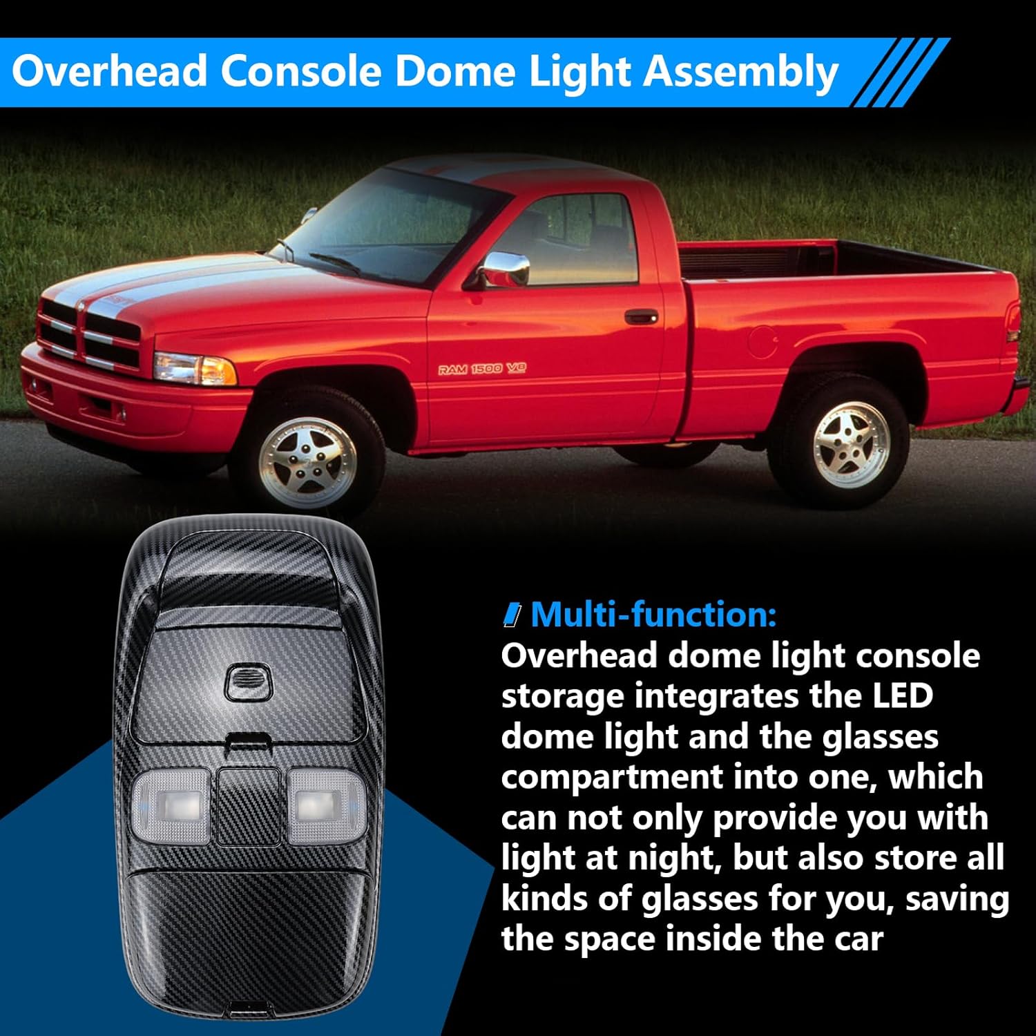 Overhead Console Dome Light Assembly Compatible with Dodge Ram 1500 2500 1998-2001 Replace 55350657 SN96TL2AA (Carbon Fibre)