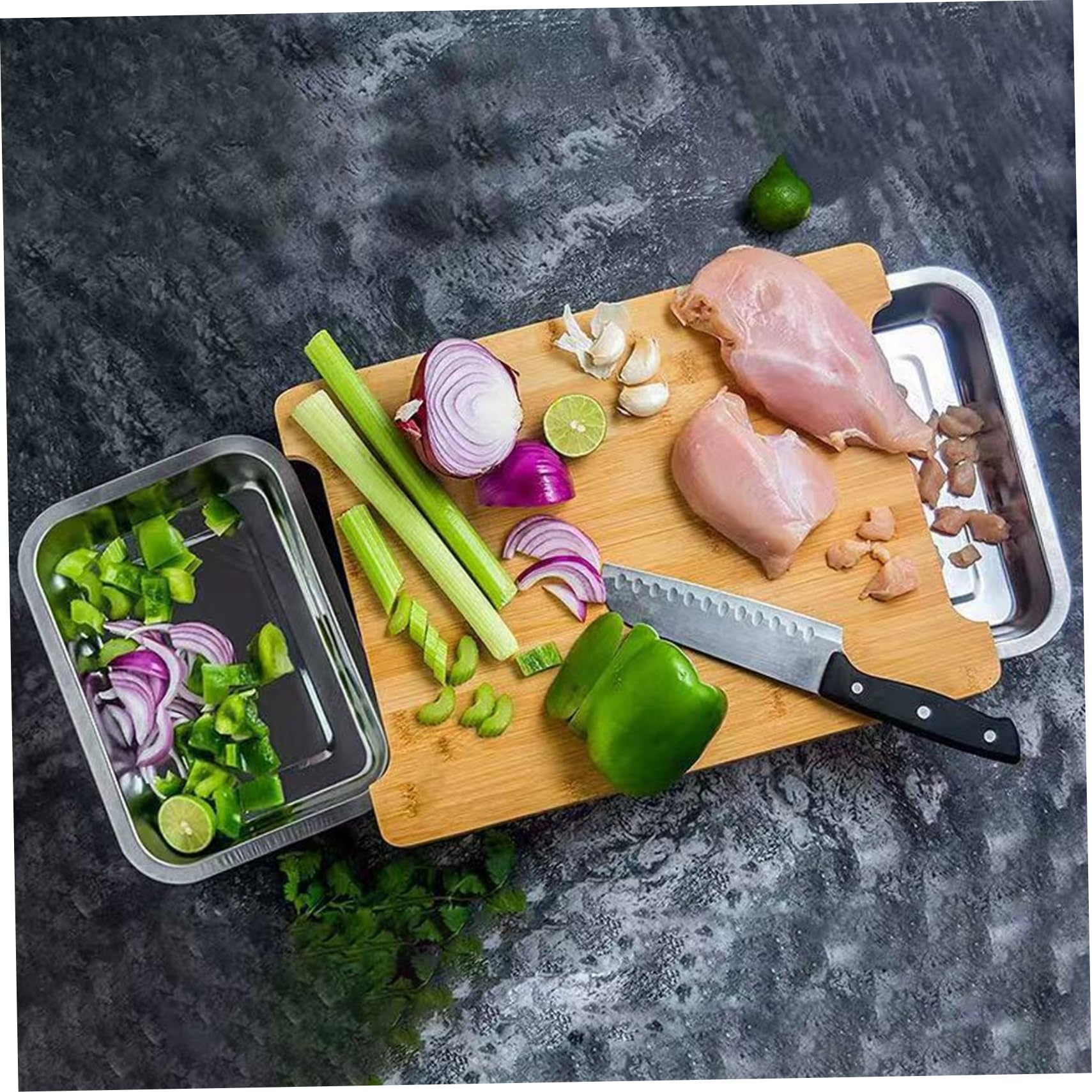 Tabla de cortar de bambú natural con bandeja deslizante antideslizante, práctica herramienta de cocina para cortar, cortar y tallar, ecológica y de diseño