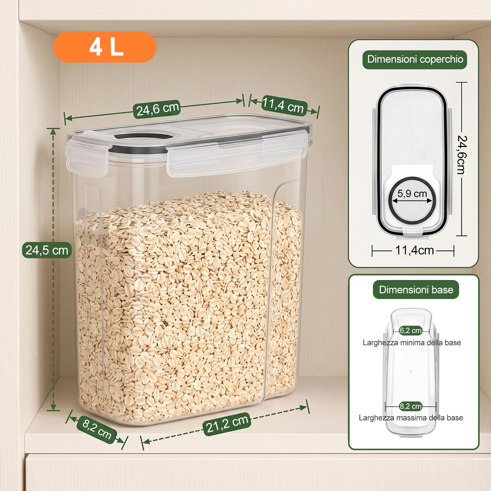 GoMaihe Contenitori Ermetici per Alimenti, 6 x 4 L, Muesli e Cereali | Una Confezione intera per Contenitore: ca. 750 g di Muesli o Cornflakes, 1,5 kg di Fiocchi d’avena, 2 kg Farina; Senza BPA