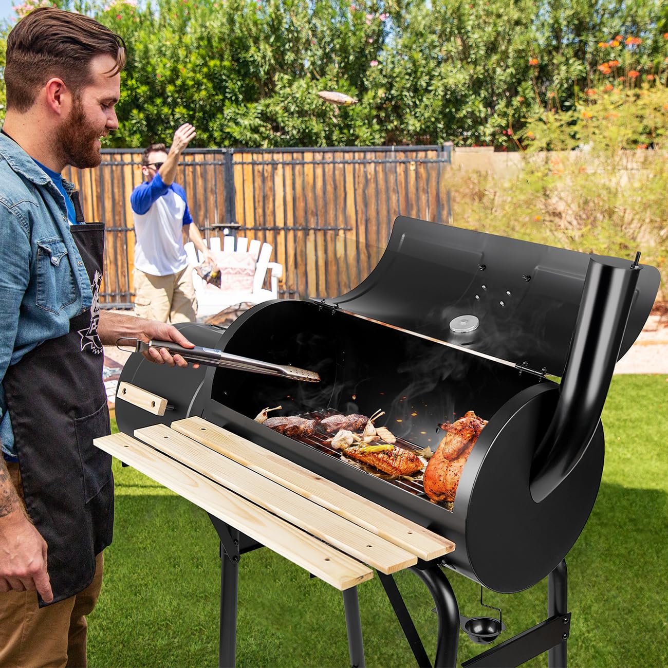 paxlloonge - Griglia a carbone con affumicatore offset e termometro, barbecue a barile e combinazione di affumicatori, spaziosa griglia per barbecue per feste in campeggio all'aperto sul retro