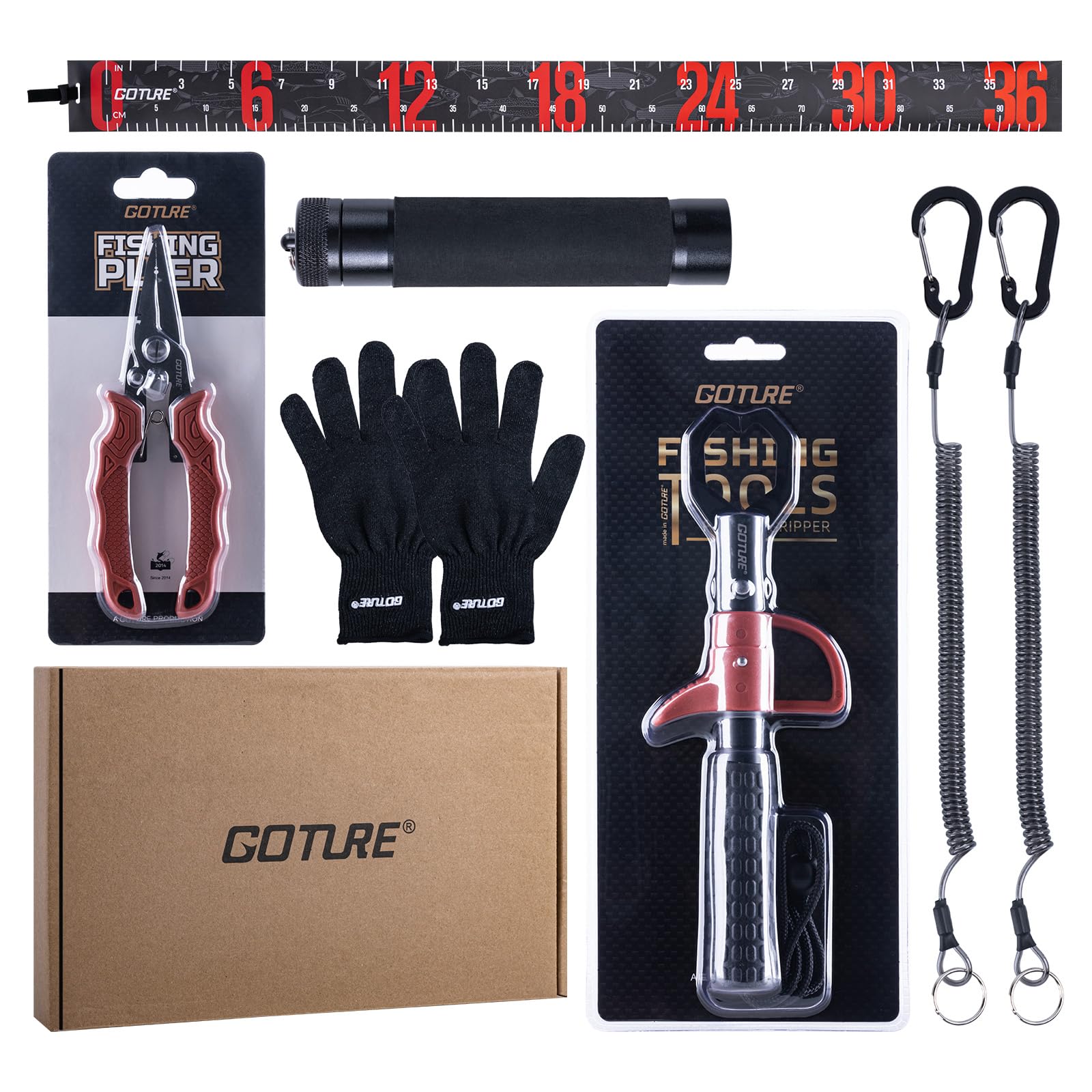 Goture 7Pcs Fishing Tool Kit, 12in Fish Lip Gripper Build in Scale, Fishing Pliers, Cut-resistant Gloves, Knot-tying Tool, Lanyards, Roll Measuring Tape, Saltwater Gear Kit, Gifts for Men