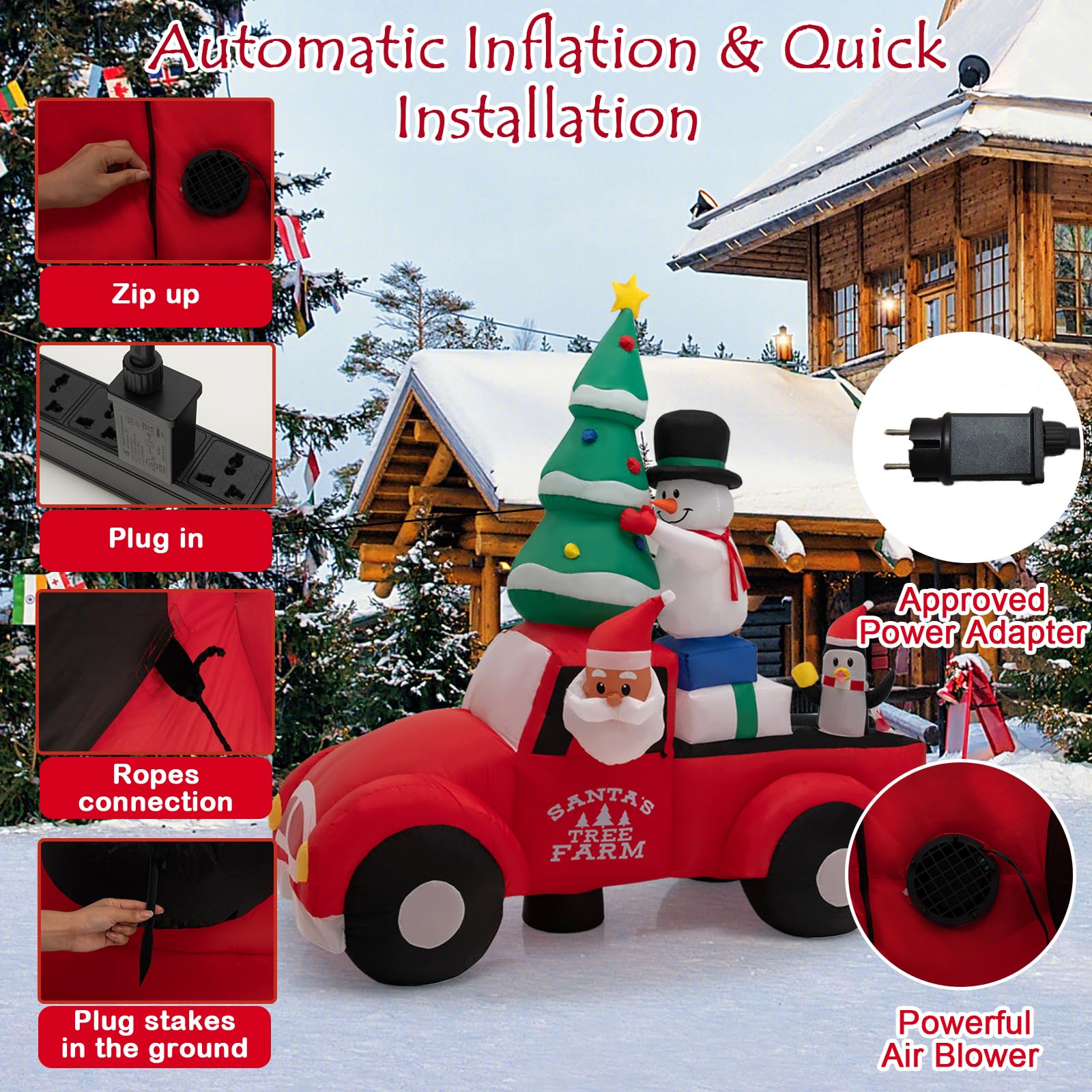 SOARS Decorazioni Natalizie, Babbo Natale Gonfiabile in Auto 240 CM, con Regalo, Pupazzo, Albero, Pinguino, Luce LED Incorporata, Addobbi Natalizi per Esterno Interno per Casa, Giardino, Cortile