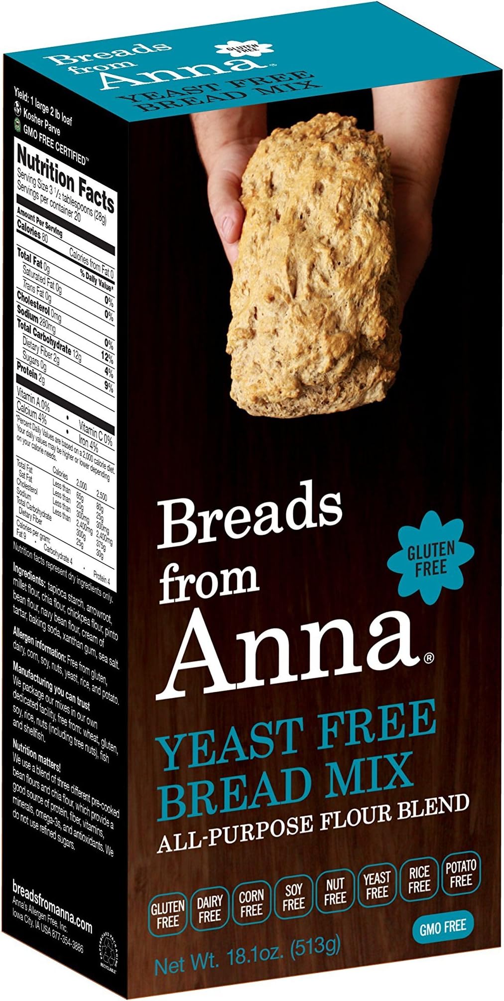 Breads from Anna, Yeast Free Bread Mix, Gluten yeast soy rice corn dairy and nut free, 18.1 oz