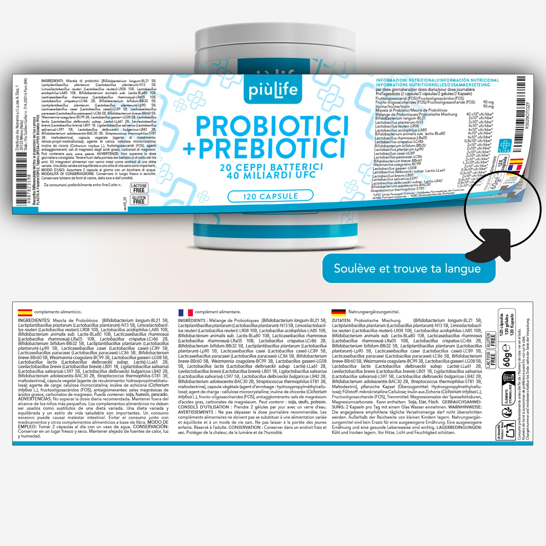 Probiotique Flore Intestinale Avec Prebiotiques 120 Gélules PiùLife, 40 Milliards UFC Dose, 20 Souches, Microbiote Intestinal, Bifidobacterium Et Lactobacillus, Ballonements Intestinaux Et Gaz, Colon
