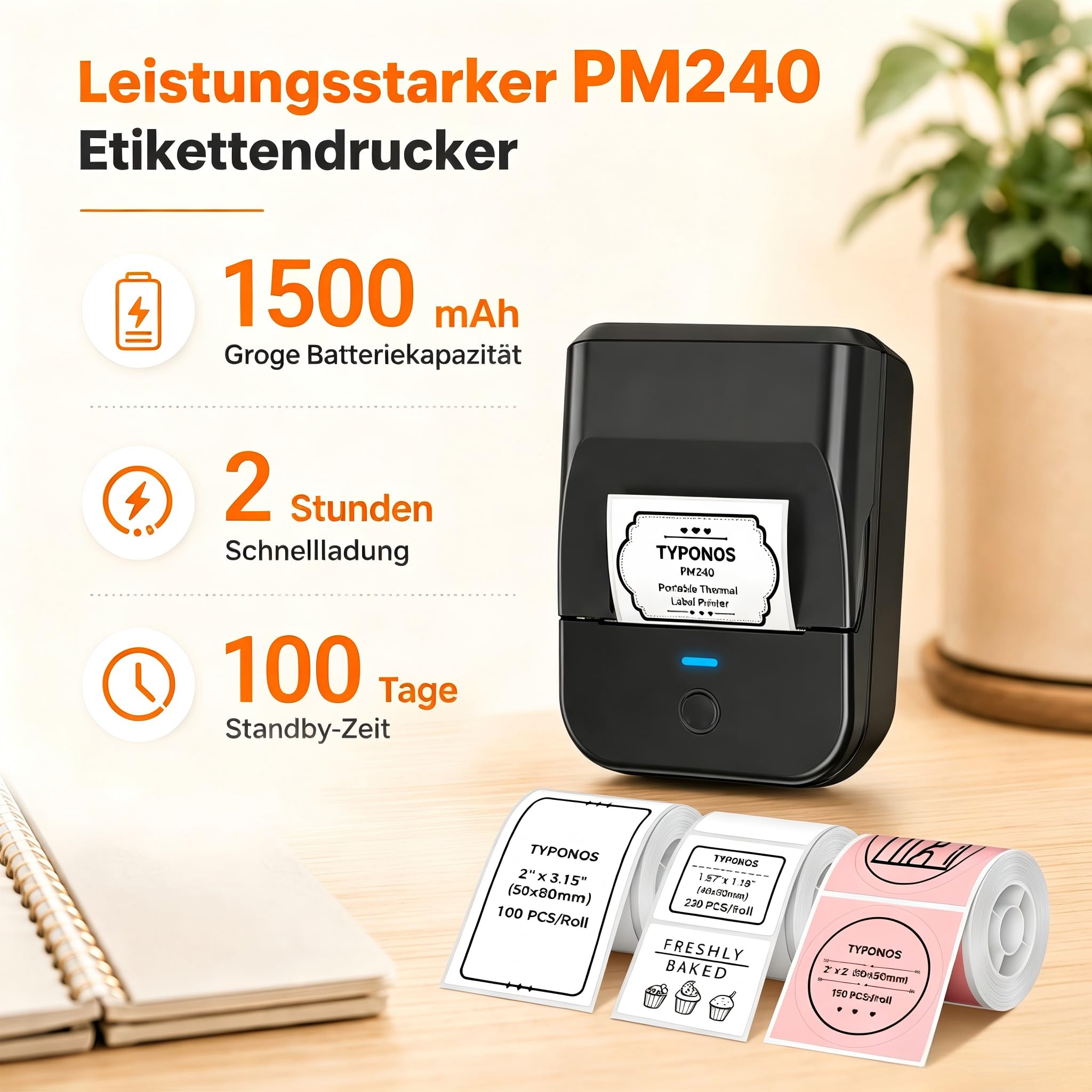 PM240 Bluetooth Etikettendrucker,Label Printer mit 3 Rollen,Schwarz